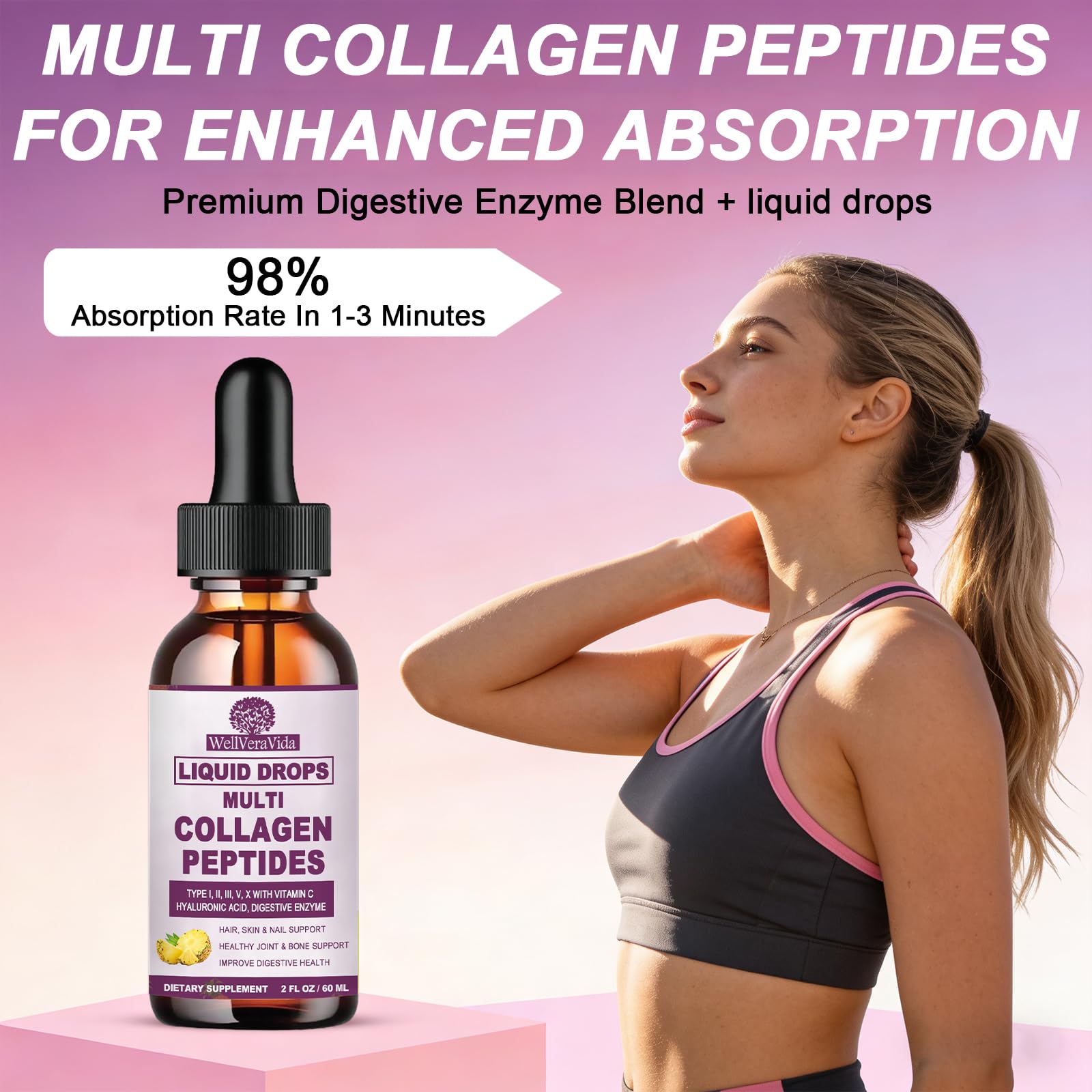 Multi Collagen Peptides Liquid Drops, 2oz – Types I, II, III, V, X, Hydrolyzed Collagen Complex for Hair, Skin, Nails, Bones & Joint Support | Collagen Supplement w. Hyaluronic Acid, Biotin, Vitamin C WellVeraVida buy supplements canada