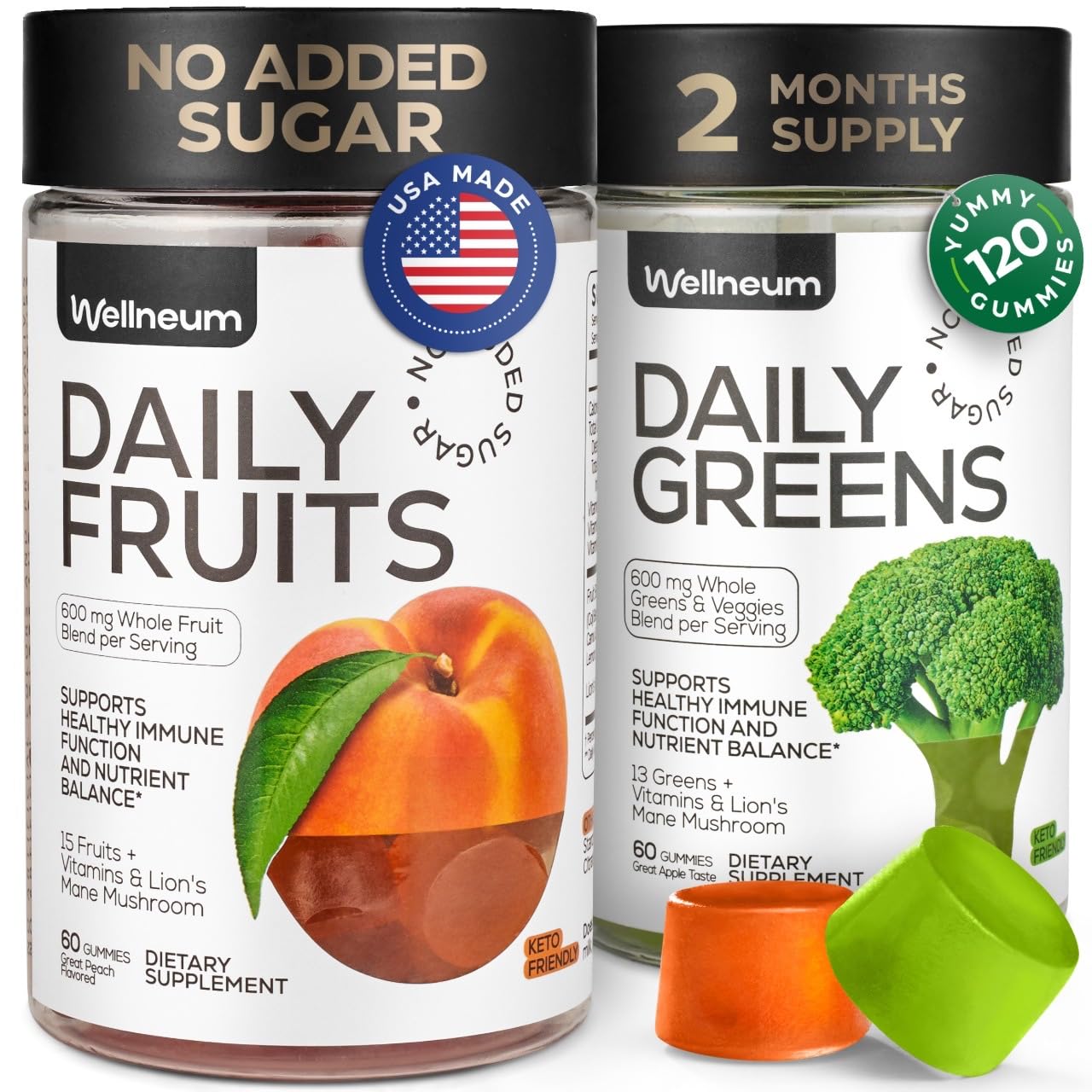 Super Greens + Super Fruits Gummies (Fruits/Greens Powder in Gummies Form) - 600mg Greens Blend + 600mg Fruits Blend for Immune Support, Sugar Free, Vegetarian, Non-GMO, 2-Pack (120 Gummies) Wellneum buy supplements canada