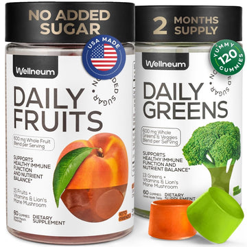 Super Greens + Super Fruits Gummies (Fruits/Greens Powder in Gummies Form) - 600mg Greens Blend + 600mg Fruits Blend for Immune Support, Sugar Free, Vegetarian, Non-GMO, 2-Pack (120 Gummies) Wellneum buy supplements canada