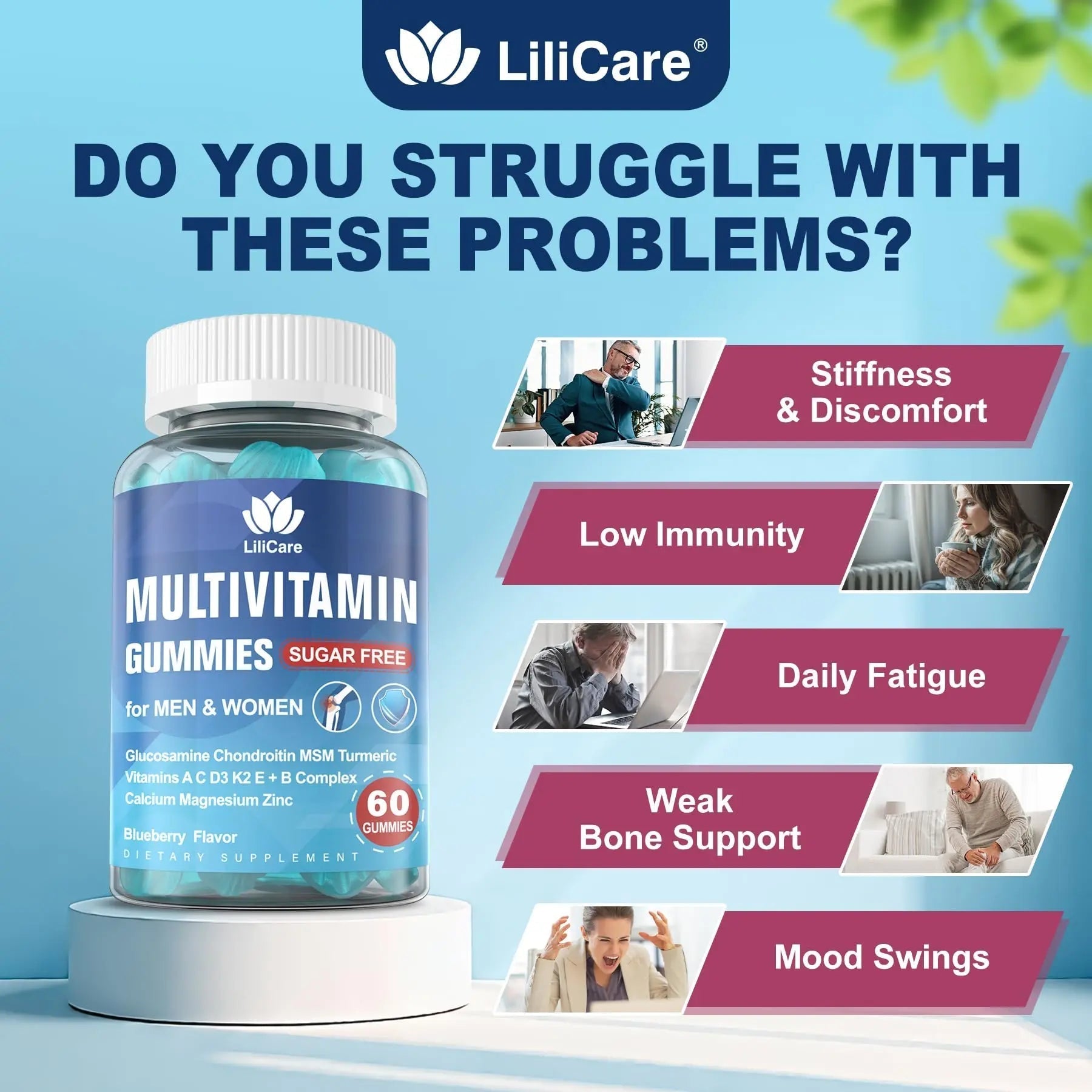 Methylated Multivitamin for Men/Women Gummies, Mens/Womens Multivitamin 50 Plus, with Glucosamine Chondroitin MSM Echinacea Sugar Free LILICARE buy supplements canada