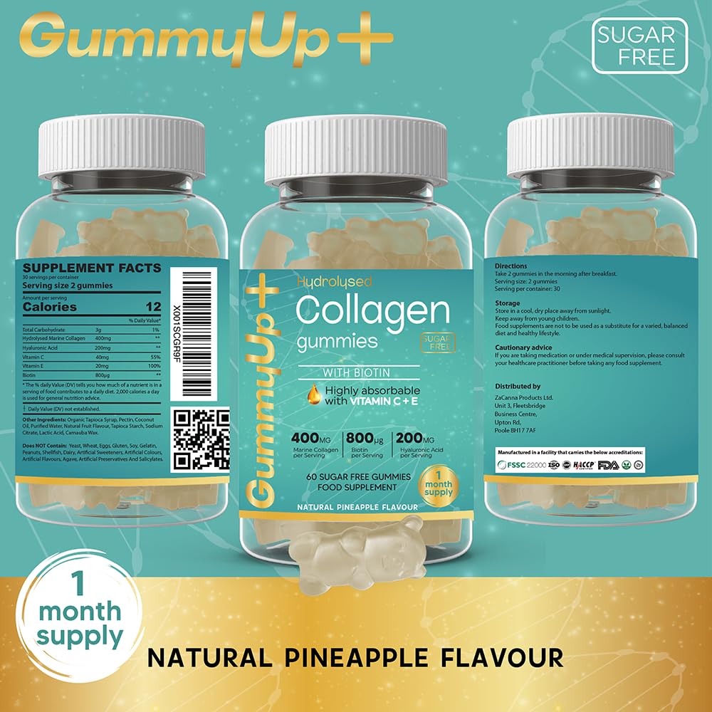 Hydrolysed Collagen Gummies with Biotin, 60 Sugar Free Natural Pineapple Flavoured Gummies ZA ZACANNA buy supplements canada