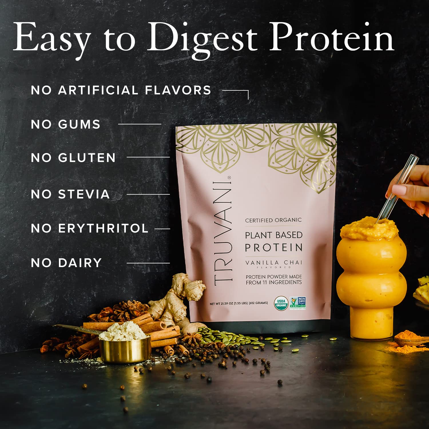 Truvani Organic Vegan Protein Powder Vanilla Chai - 20g of Plant Based Protein, Organic Truvani buy supplements canada