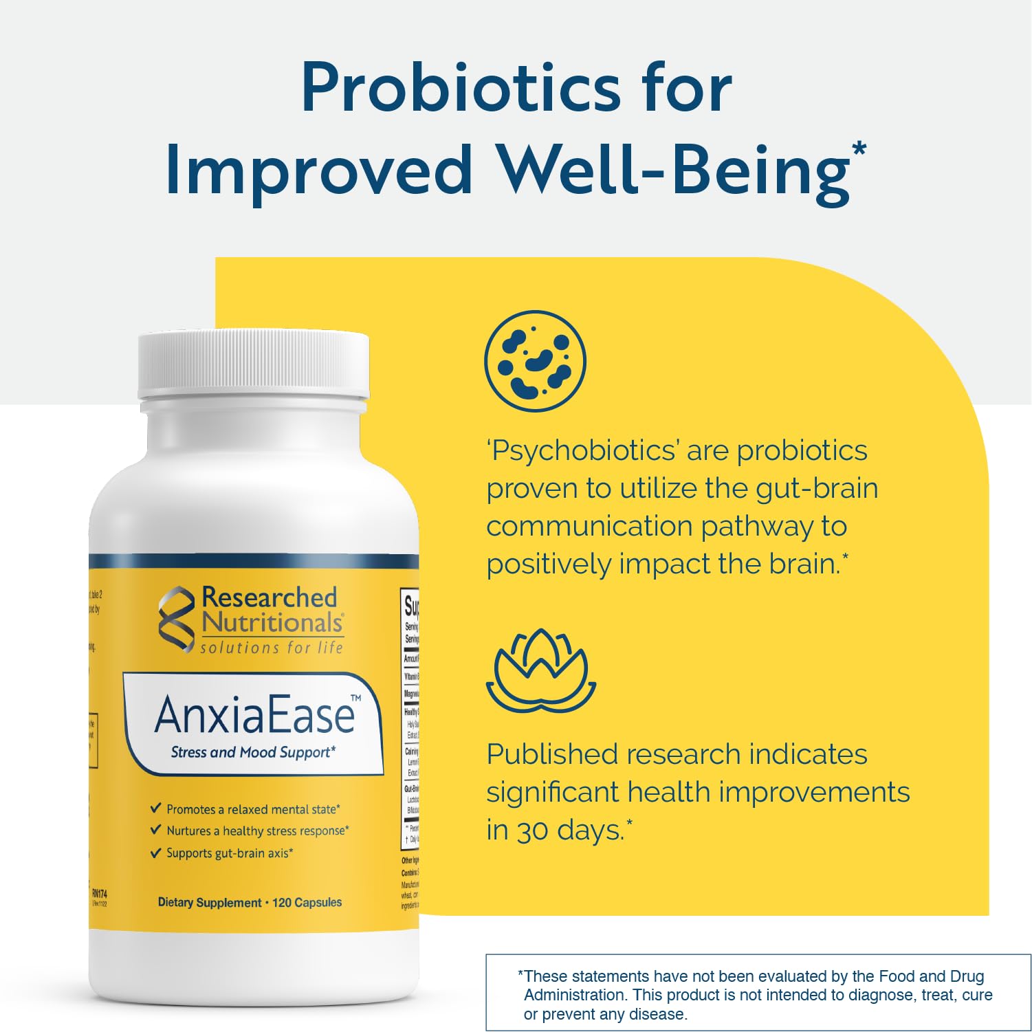 Researched Nutritionals AnxiaEase - Stress, Cortisol Management & Mood Support Supplement - Botanicals, Vitamin B6, Magnesium & 'Psychobiotic' Probiotic Strains (120 Capsules) Researched Nutritionals buy supplements canada