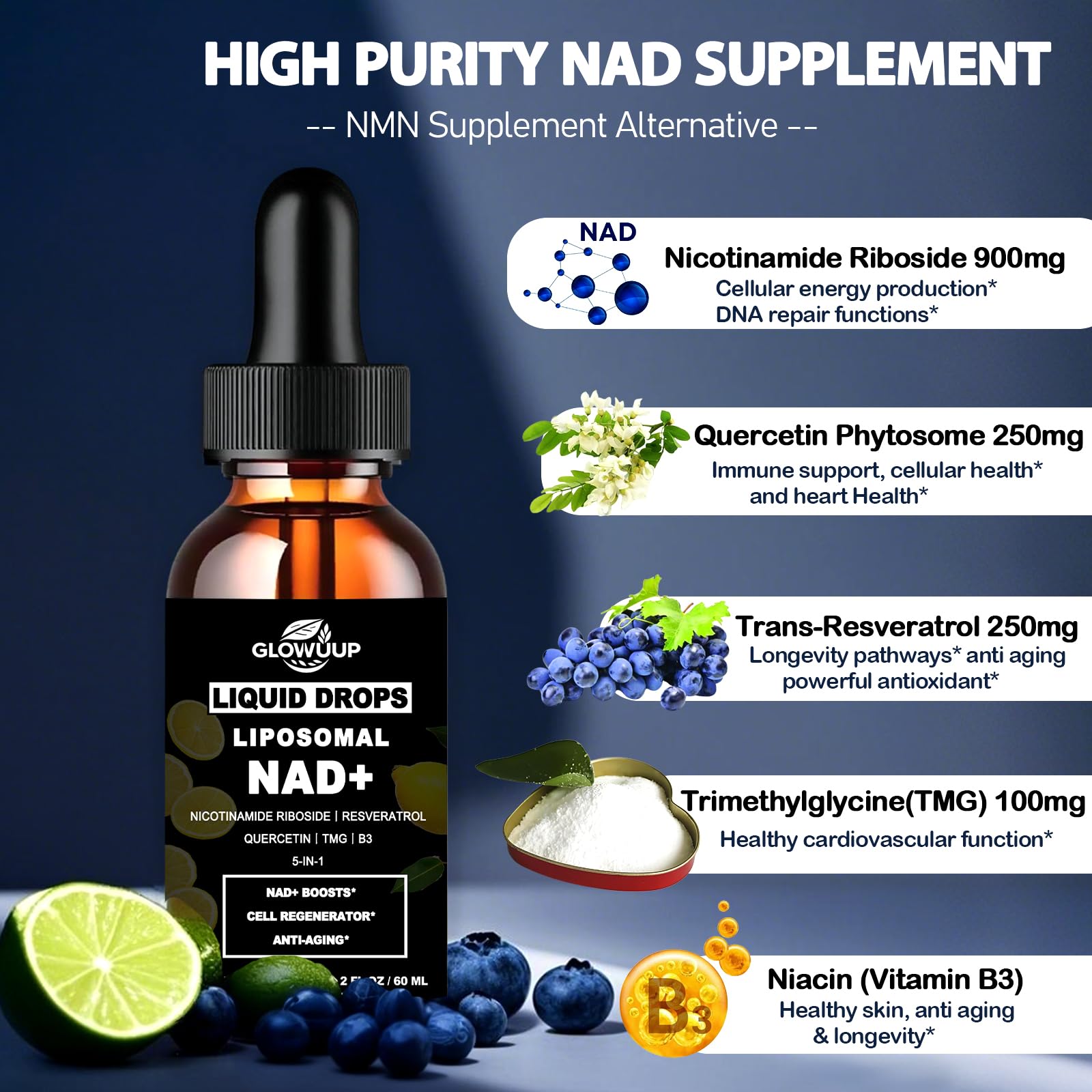NAD Supplements for Women & Men, Liposomal NAD Nicotinamide Riboside Resveratrol 900mg w. B3 Vitamin Quercetin TMG, Liquid Resveratrol NAD Plus Supplement for Anti-Aging Energy Focus Longevity GLOVVUUP buy supplements canada