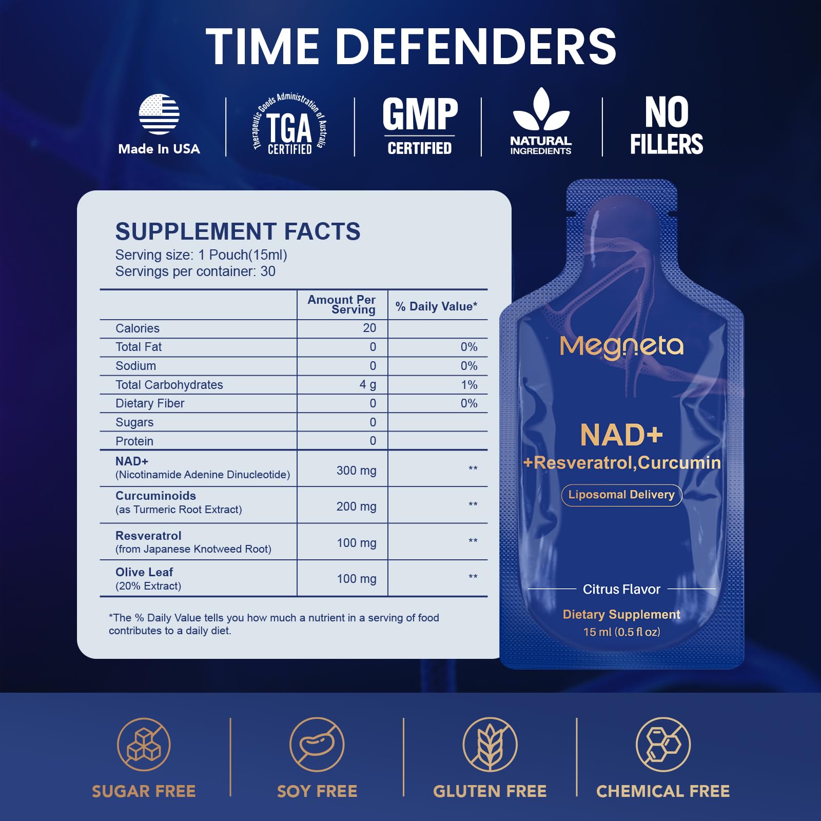 MEGNETA Liposomal NAD+ Supplement with Resveratrol, Anti-Aging, Energy Boost & Cellular Health Support, 15.2 fl. oz NAD Liquid for Men & Women (30 Pouch) MEGNETA buy supplements canada