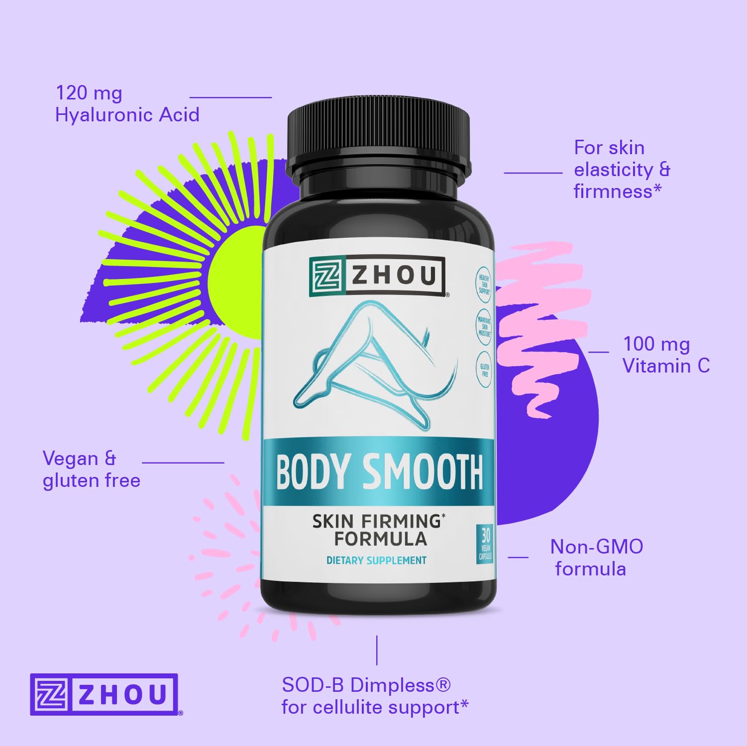 Zhou Body Smooth - Cellulite Pills for Women, Dimpless Anti Cellulite Supplement for Firm Smooth Skin with Hyaluronic Acid & Vitamin C, Skincare for Thigh, Legs, Butt, Supports Hydration - 30 Capsules ZHOU buy supplements canada