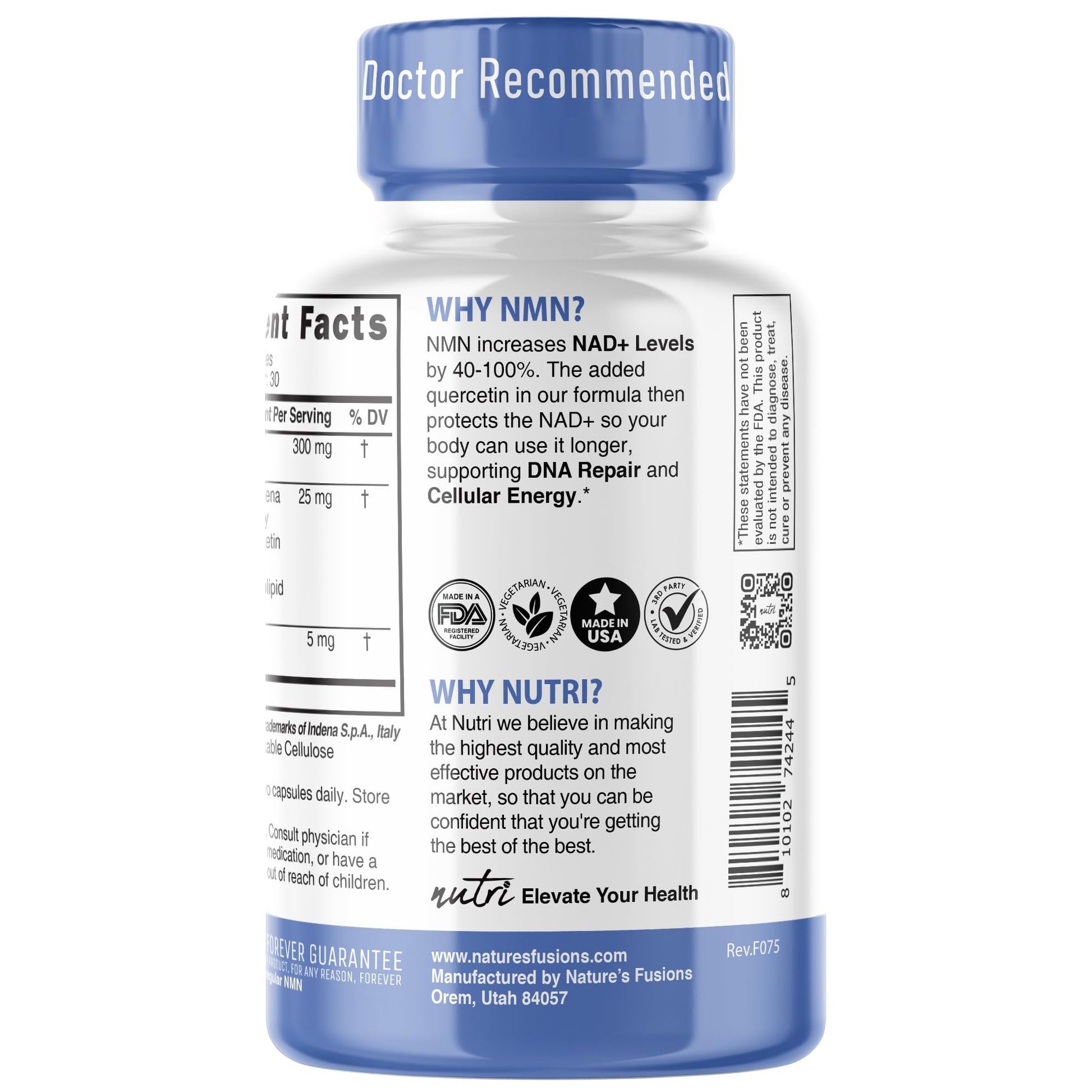 NMN Supplement 300mg NAD Supplement - Nutri Ultra High Absorption Stabilized NMN Nicotinamide Mononucleotide, 40% More NAD+ with Quercetin Phytosome & Black Pepper - mnm supplement (60 Capsules) Nature's Fusions buy supplements canada