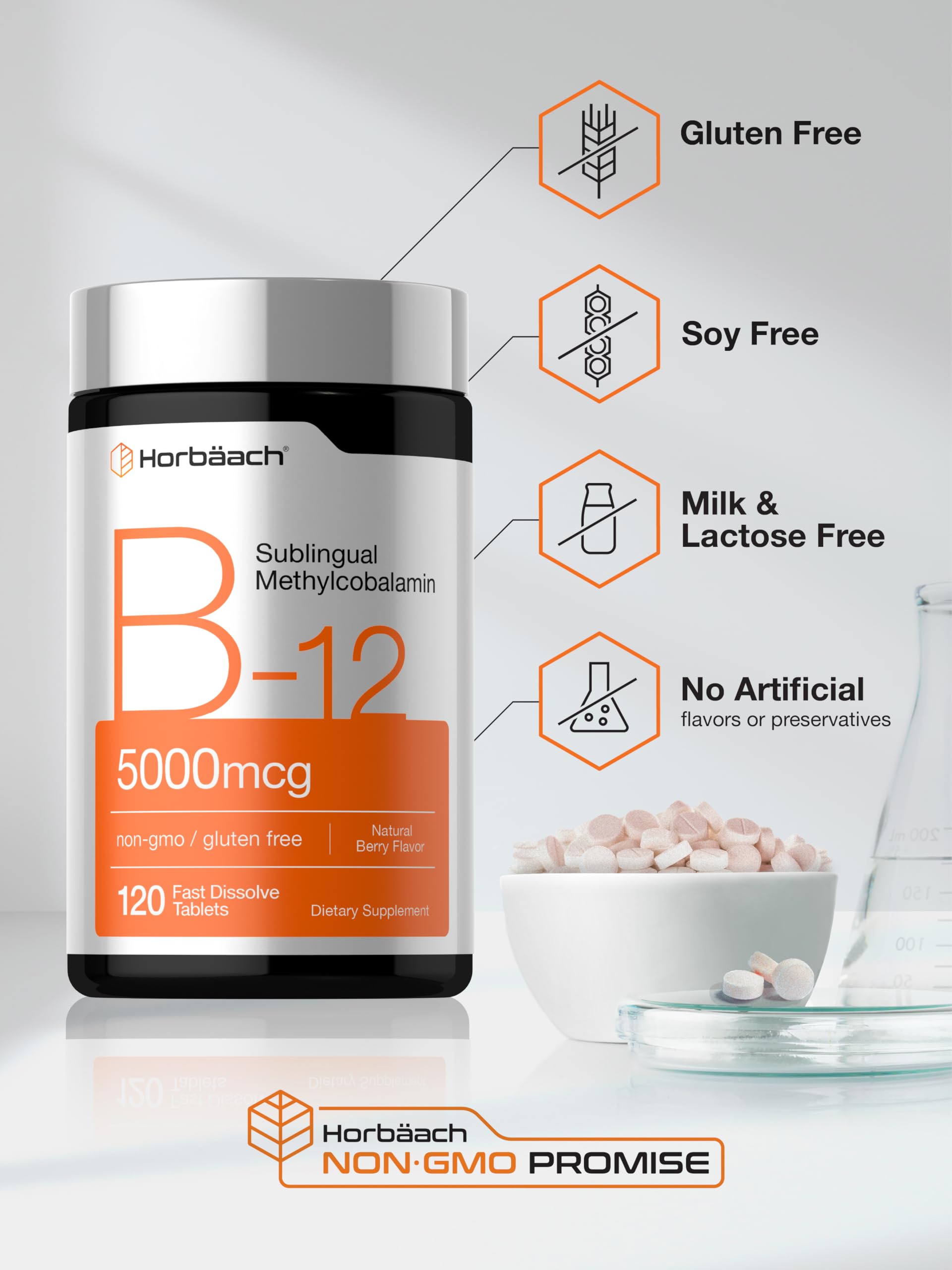 Horbäach B12 Vitamin 5000 mcg | 120 Fast Dissolve Tablets | Sublingual Methylcobalamin | Natural Berry Flavor | Vegan, Non-GMO Horbäach buy supplements canada
