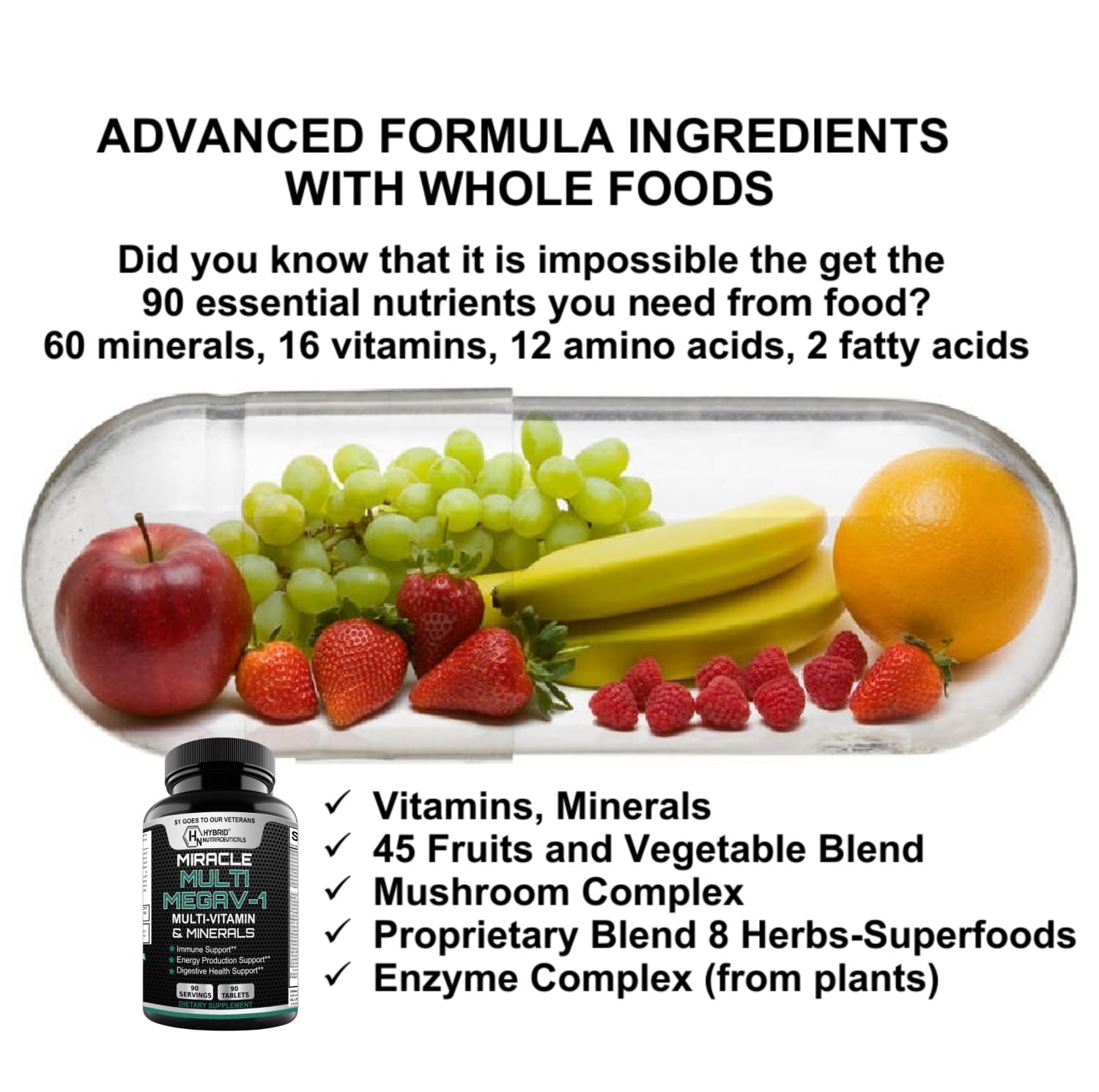 MEGAV-1 Multi-Vitamin, Superfood & Minerals - Daily Multivitamin with Probiotics, Digestive Enzyme, Mushroom Complex for Heart Health, Immune Support, Energy & Stamina - 90 Tablets Hybrid Nutraceuticals buy supplements canada
