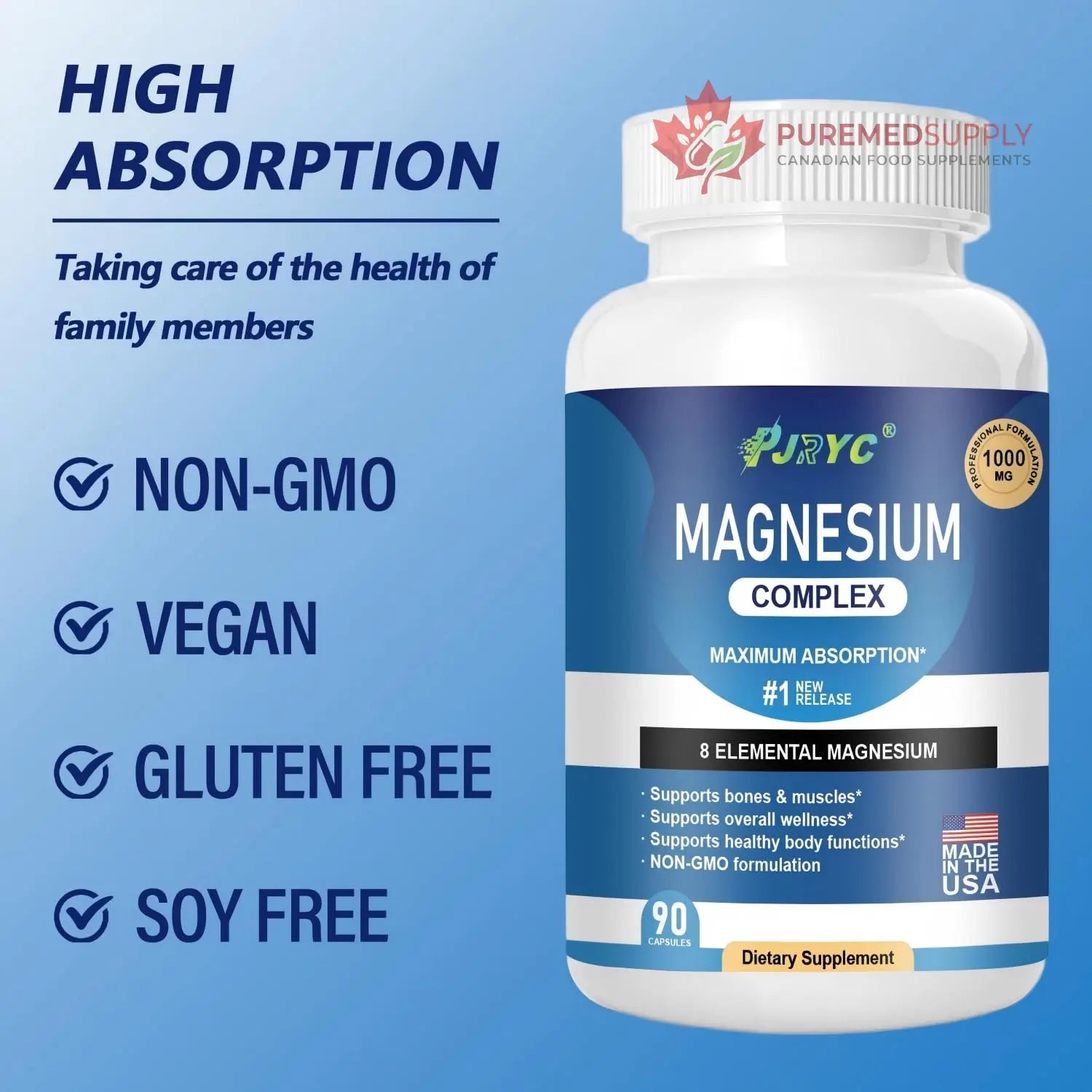 Magnesium Complex Supplement - 1000mg with 8 Magnesium Forms: Glycinate, Citrate, Malate, Taurate & Orotate - Supports Muscle Function, Bone Strength & Relaxation - Vegan, Non-GMO - 180 Capsules PJRYC buy supplements canada