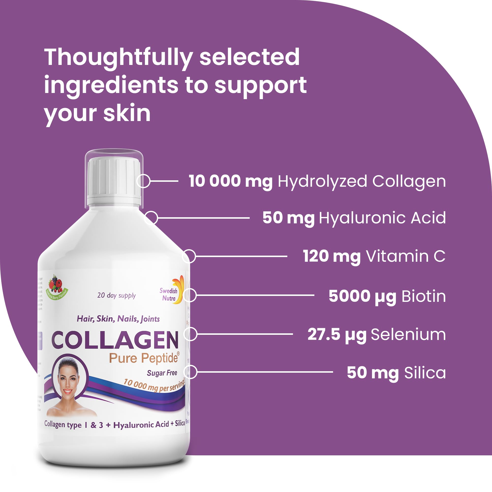 Swedish Nutra Liquid Bovine Collagen - Pack of 500ml, 20 Day Supply | Sugar Free Berry Flavour Swedish Nutra buy supplements canada