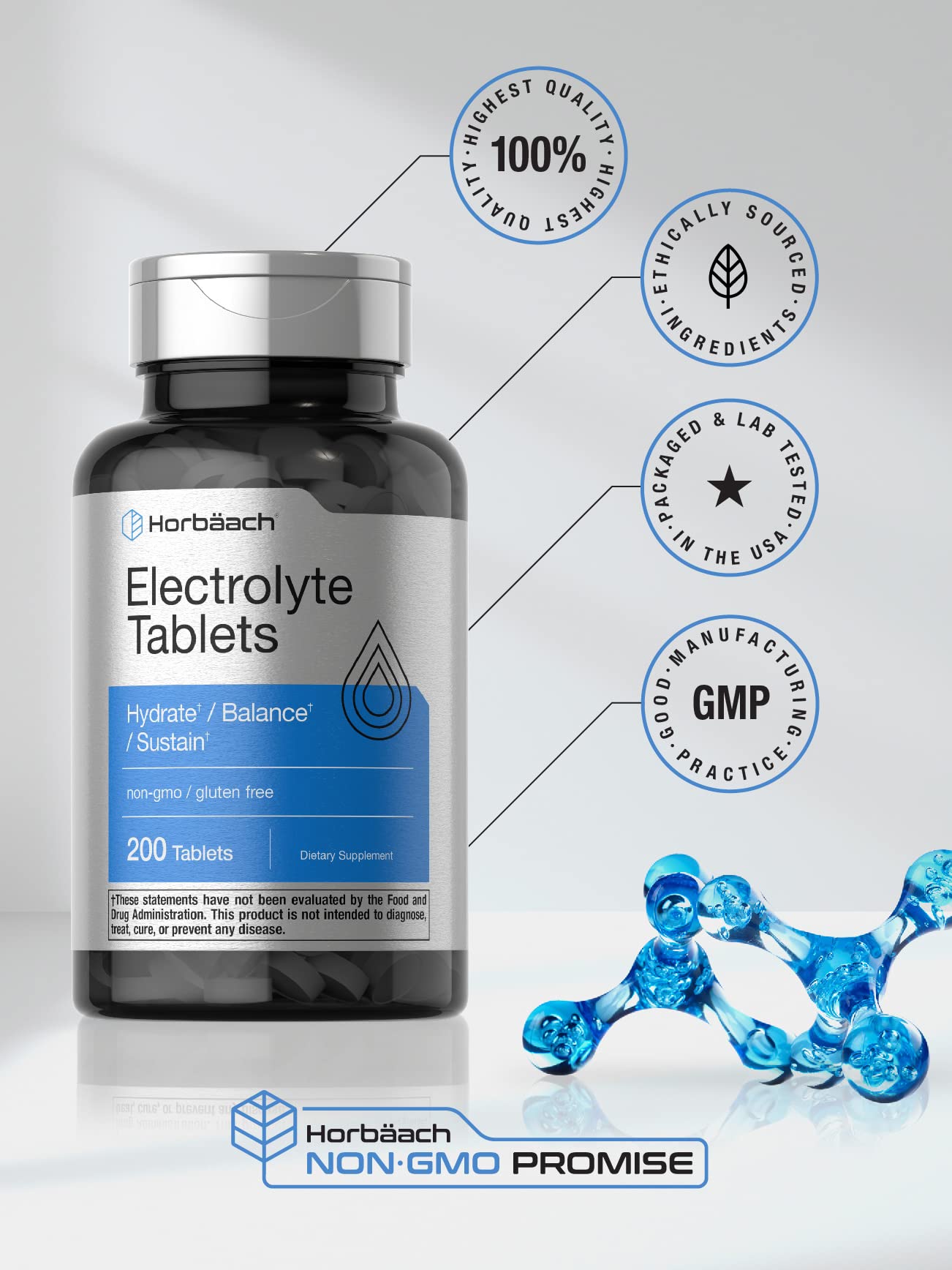 Horbäach Electrolyte Tablets | 200 Count | Helps Hydrate, Balance, & Sustain | with Calcium, Magnesium, Chloride, Sodium and Potassium | Vegetarian, Non-GMO & Gluten Free Horbäach buy supplements canada