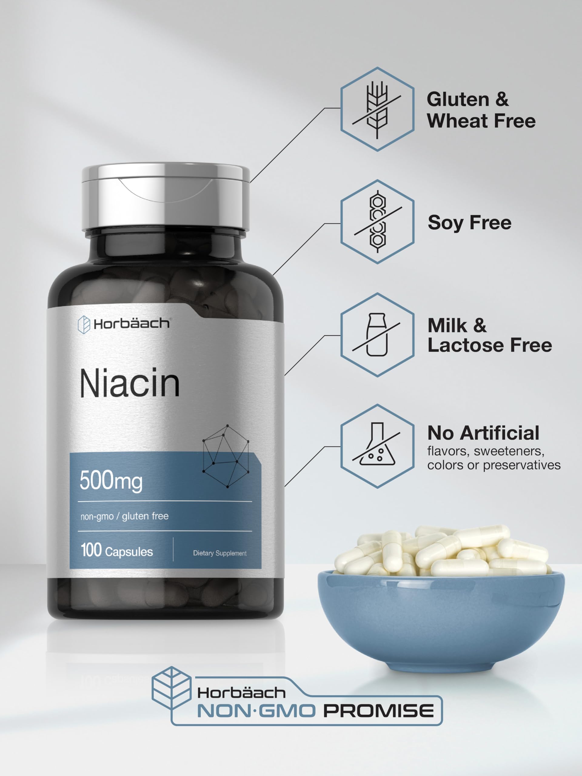 Niacin | Vitamin B3 500mg | 100 Capsules | with Flushing | Non-GMO, and Gluten Free Horbäach buy supplements canada