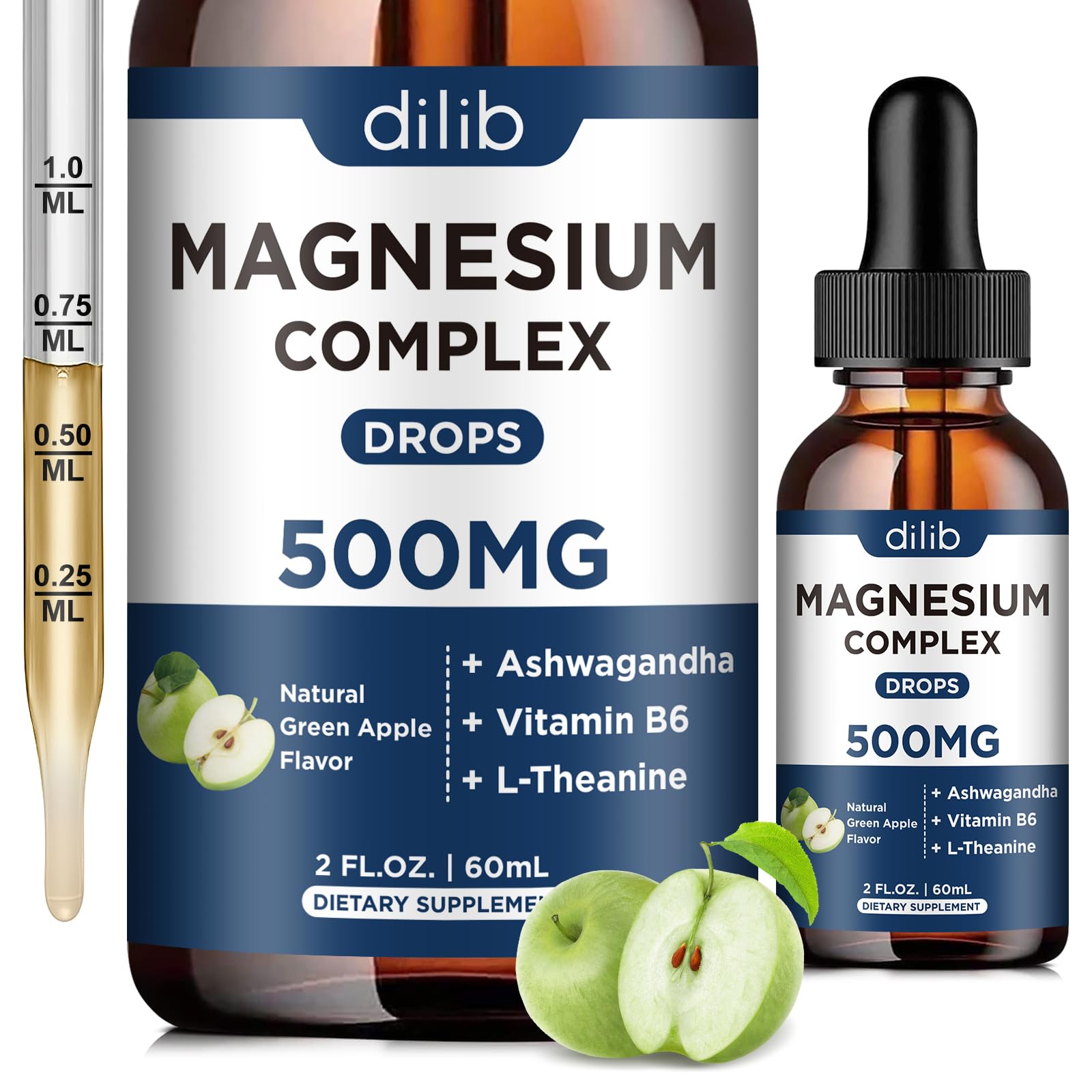 Triple Magnesium Complex Supplement-Magnesium Glycinate, Citrate, Malate Liquid Drops 500mg with Ashwagandha, L-Theanine, B6 for Calm, Stress Relief, Sleep, Muscle Support-Green Apple Flavor dilib buy supplements canada