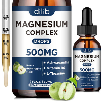 Triple Magnesium Complex Supplement-Magnesium Glycinate, Citrate, Malate Liquid Drops 500mg with Ashwagandha, L-Theanine, B6 for Calm, Stress Relief, Sleep, Muscle Support-Green Apple Flavor dilib buy supplements canada