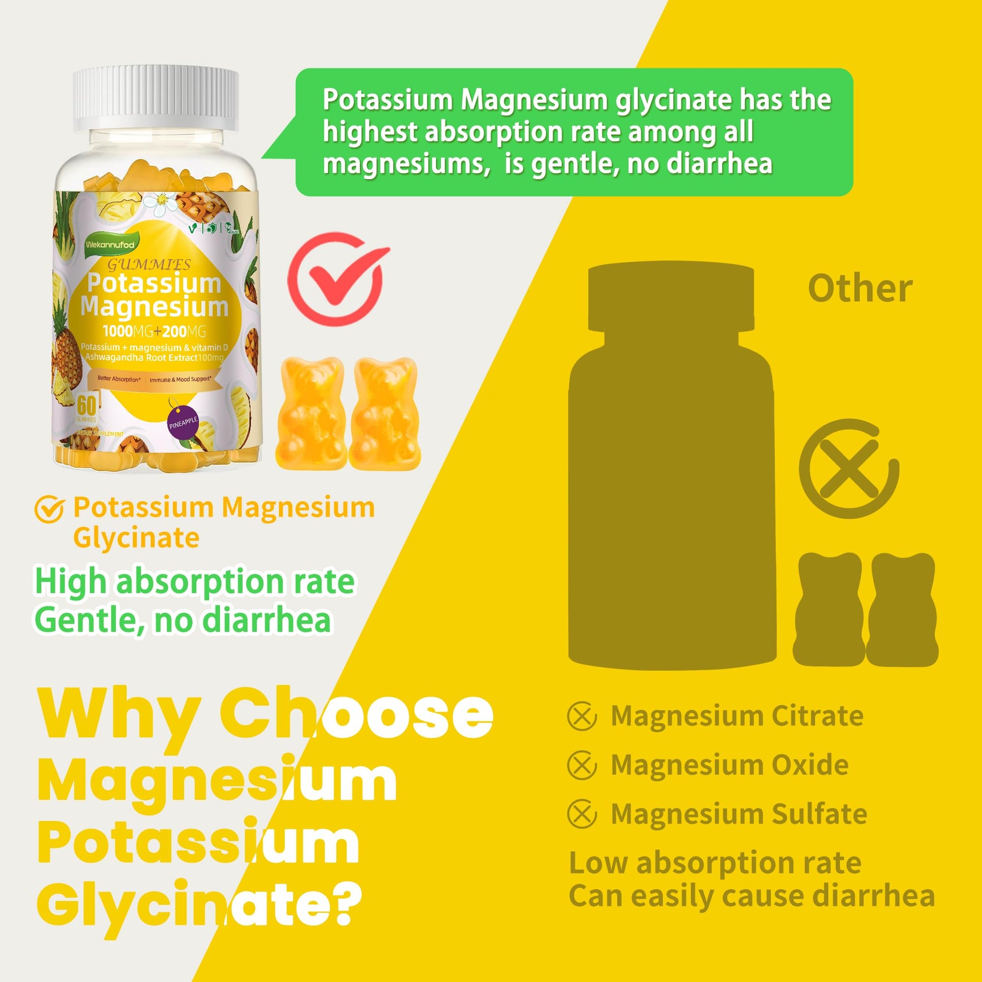 Potassium Magnesium Gummies,High Absorption Magnesium Glycinate,B6,D3,Potassium Citrate for Leg Cramps,Muscle,Electroyte for Adults Kids,Sugar-Free, 60 Gummies (Pineapple) Wekannufod buy supplements canada