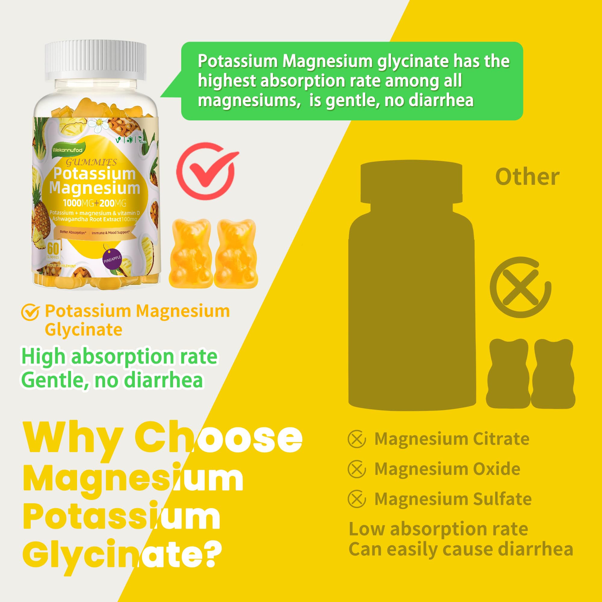 Potassium Magnesium Gummies,High Absorption Magnesium Glycinate,B6,D3,Potassium Citrate for Leg Cramps,Muscle,Electroyte for Adults Kids,Sugar-Free, 60 Gummies (Pineapple) Wekannufod buy supplements canada