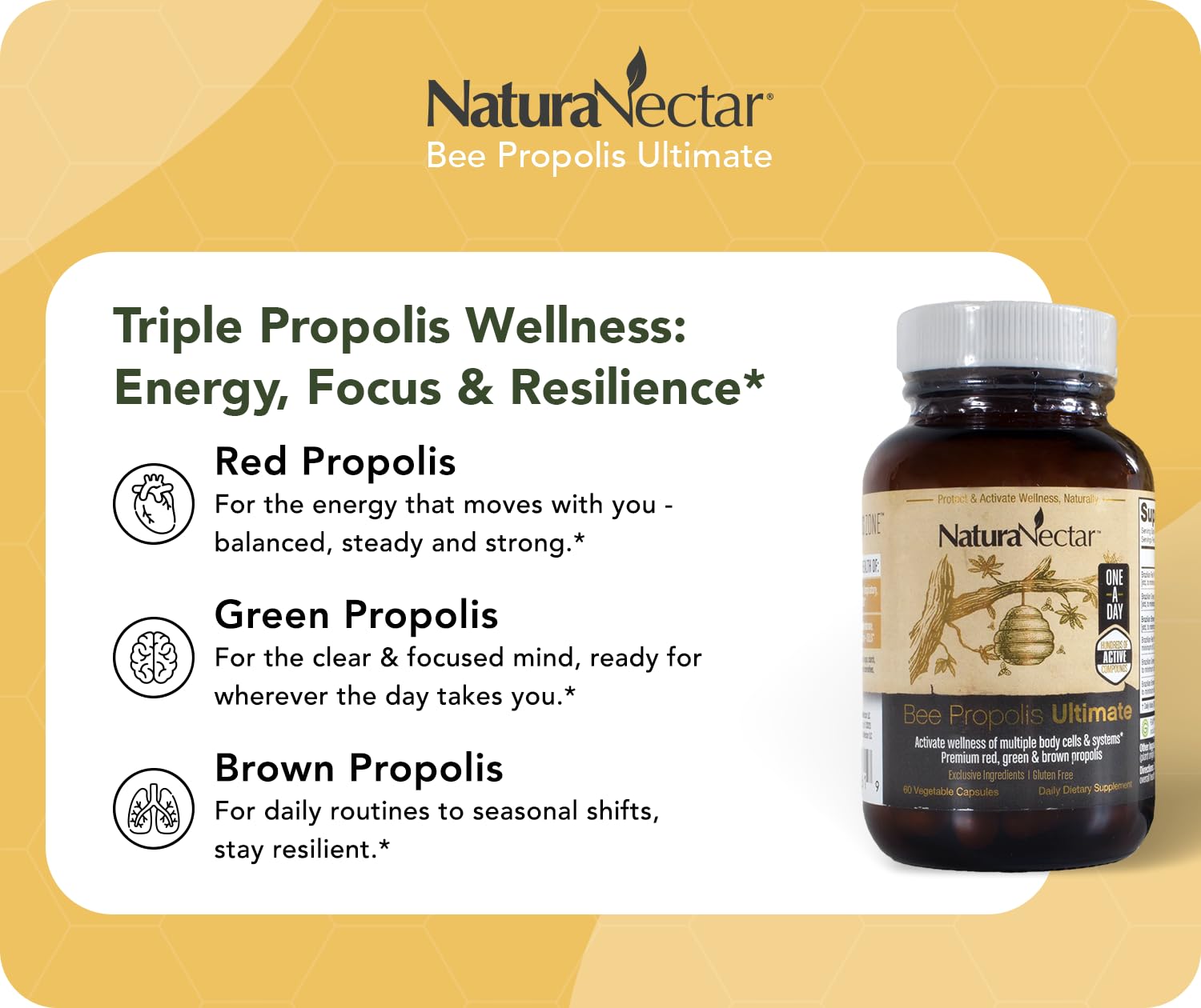 NaturaNectar - Ultimate Bee Propolis Capsules - NSF Contents Certified -Brazilian Red, Brown, & Green - Gluten-Free Supplement with Flavonoids - Naturally Sourced Through Ethical Beekeeping (60pcs.) NaturaNectar buy supplements canada