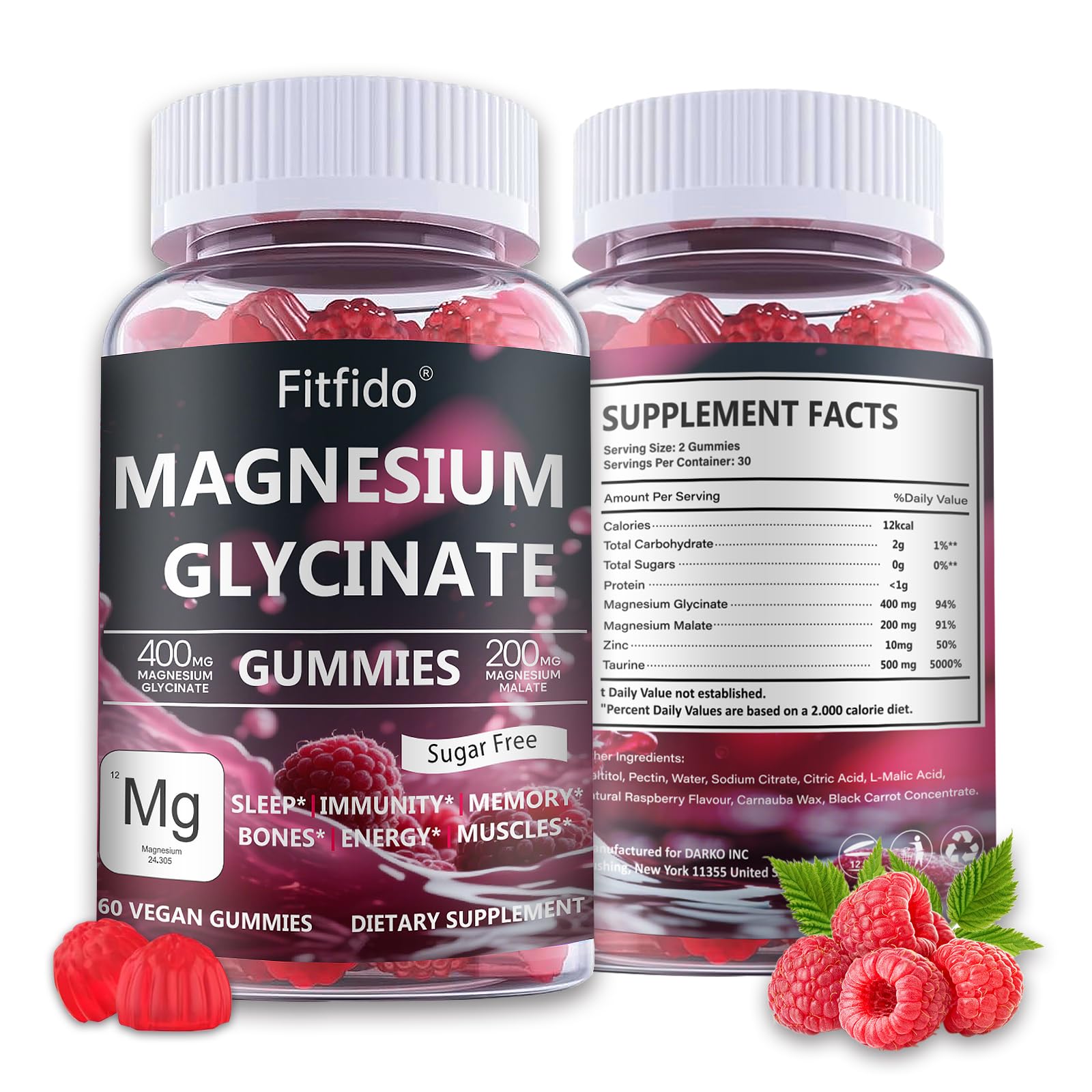 Magnesium Glycinate Gummies 400mg, Chewable Sugar Free Magnesium Supplement with Magnesium Glycinate, Magnesium Malate and Protein for Sleep, Relaxation, Brain & Muscle - Vegan (60 Count, Raspberry) Fitfido buy supplements canada