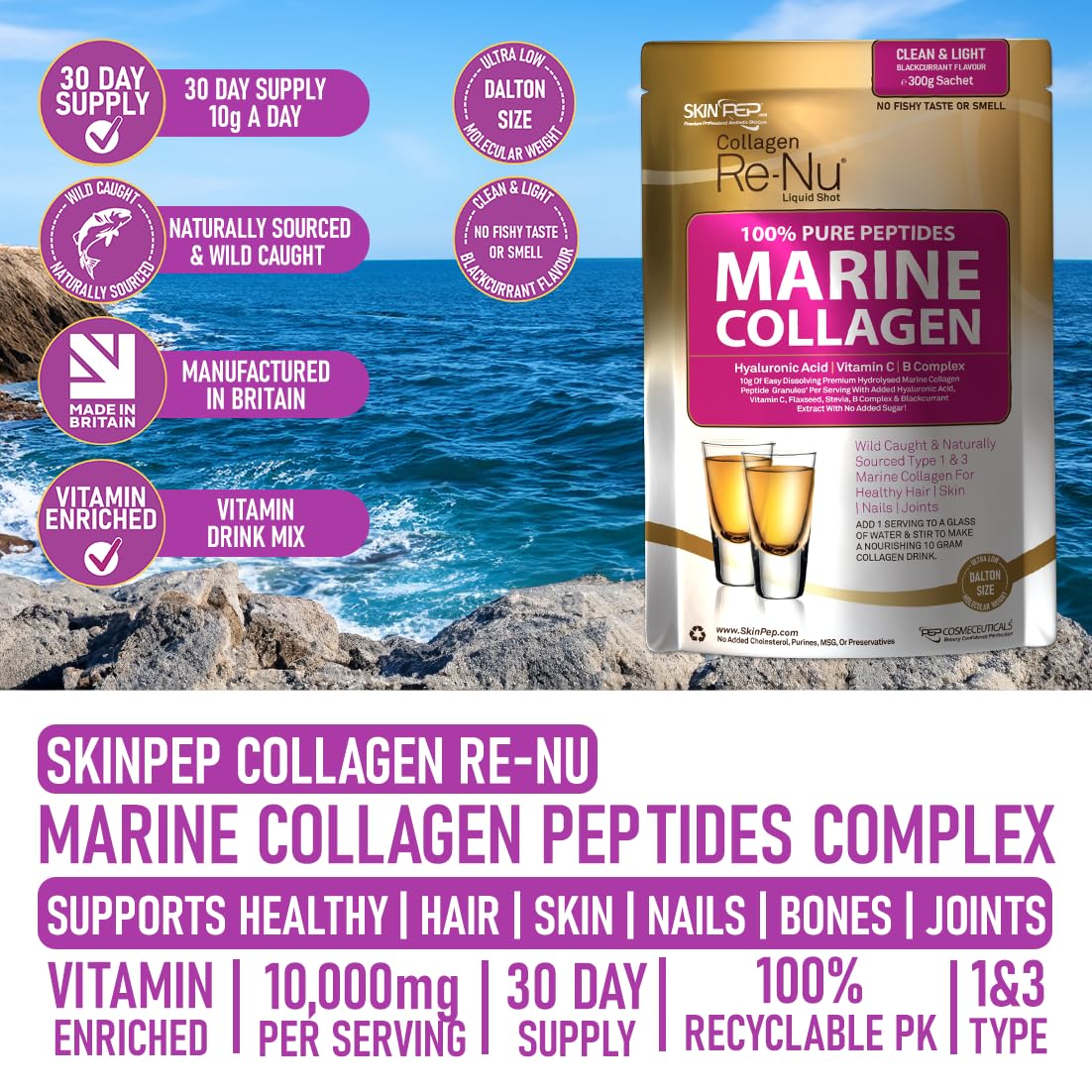Premium Hydrolysed Marine Collagen Peptide Powder + VIT C, B Complex Hyaluronic Acid, & Stevia. Delicious Taste/No Fishy Smell - SkinPep® Collagen Re-Nu 300g - 30 Days Supply SkinPep buy supplements canada