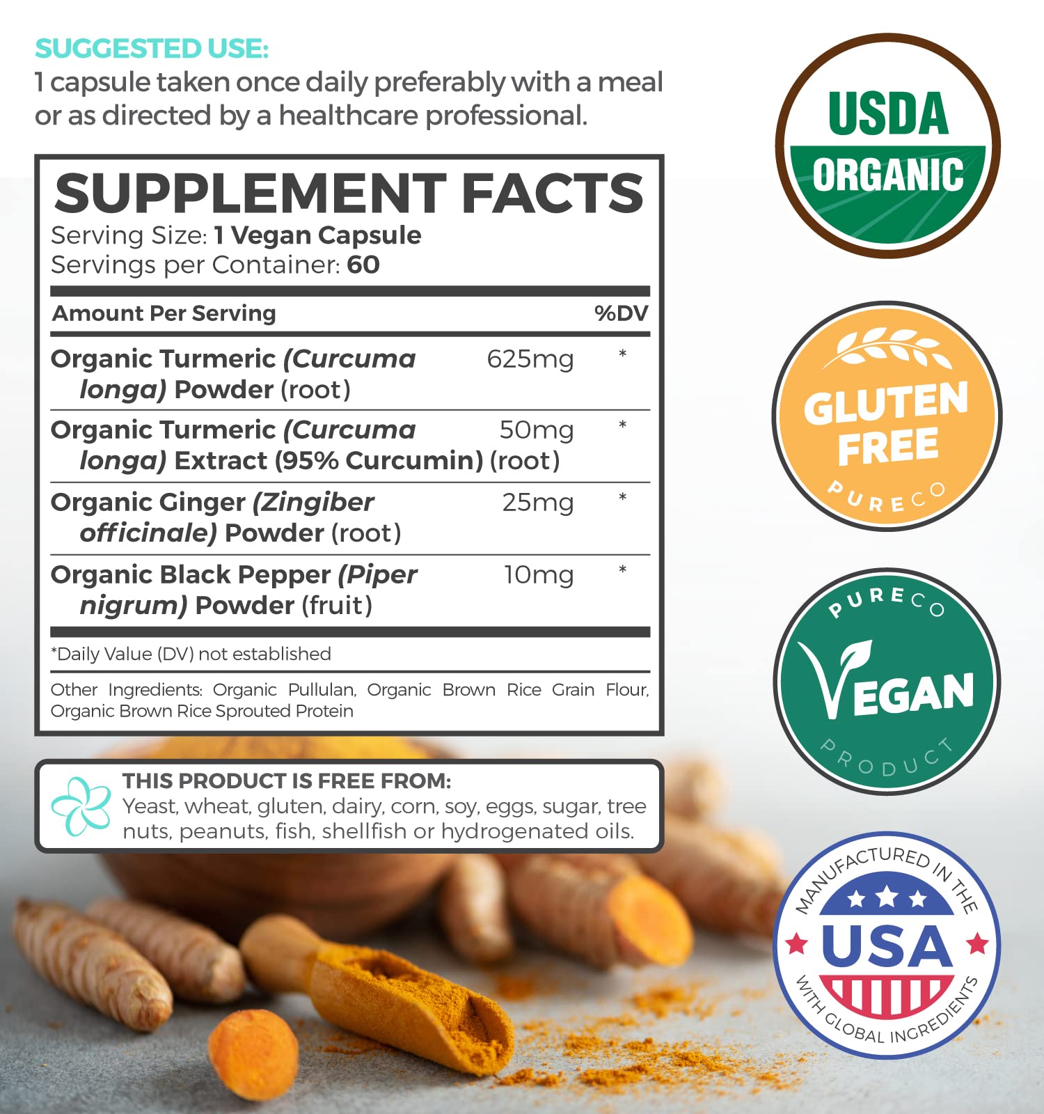 USDA Organic Turmeric Curcumin with Black Pepper and Ginger (2 Month Supply) PURE CO buy supplements canada