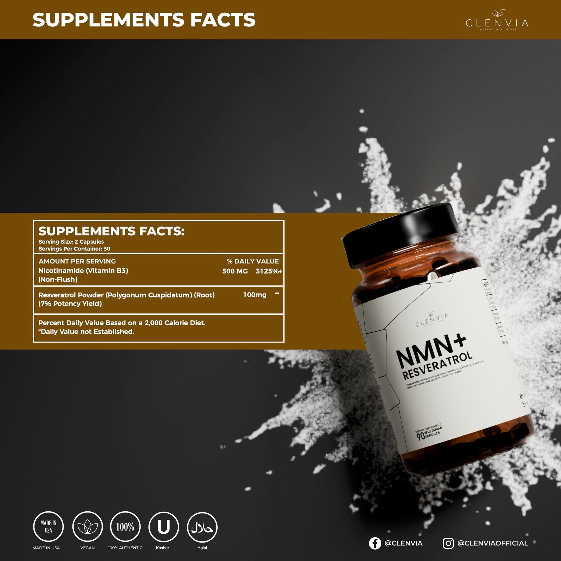 CLENVIA Premium NMN Supplement with Resveratrol – High Potency NAD+ Support Formula – >99.7% Purity – Third-Party Tested – Made in USA – 500mg Nicotinamide + 100mg Resveratrol – 90 Capsules CLENVIA buy supplements canada