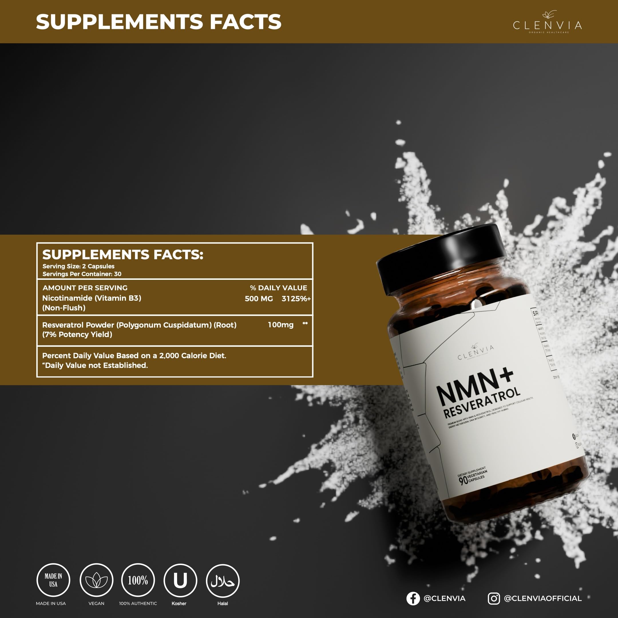 CLENVIA Premium NMN Supplement with Resveratrol – High Potency NAD+ Support Formula – >99.7% Purity – Third-Party Tested – Made in USA – 500mg Nicotinamide + 100mg Resveratrol – 90 Capsules CLENVIA buy supplements canada