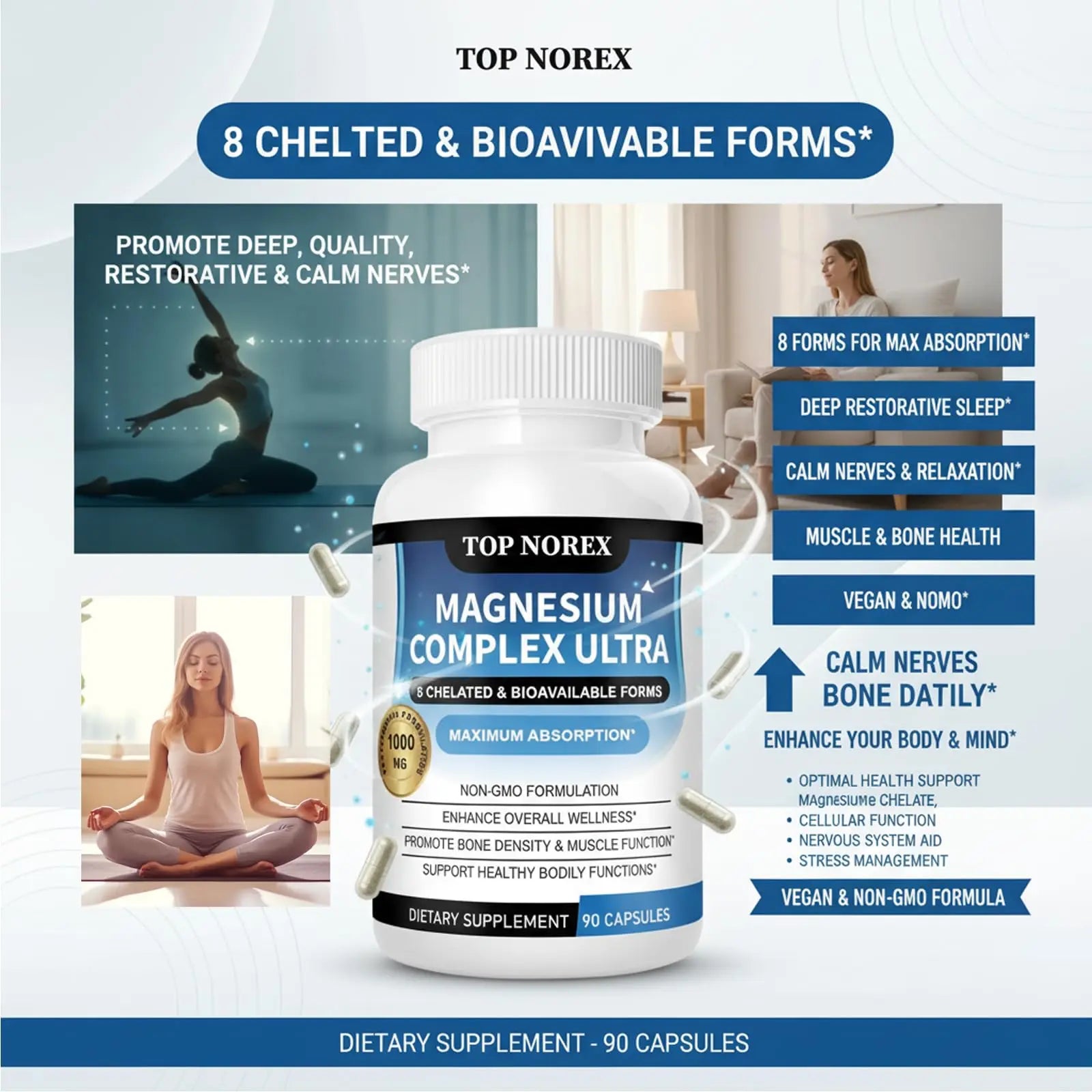 Top Norex Magnesium Complex Ultra - 8 Elemental 1000mg Magnesium Blend, Easy Absorption, 90 Capsules (1) Top Norex buy supplements canada