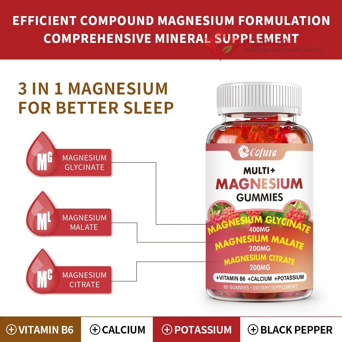 Cofure Triple Magnesium Complex 900 mg, Magnesium Glycinate, Citrate, Malate with Potassium, Calcium, Vitamin B6 for Calm & Sleep - Vegan, Non-GMO, Gluten Free - 120 Raspberry Gummies for Adults Cofure buy supplements canada