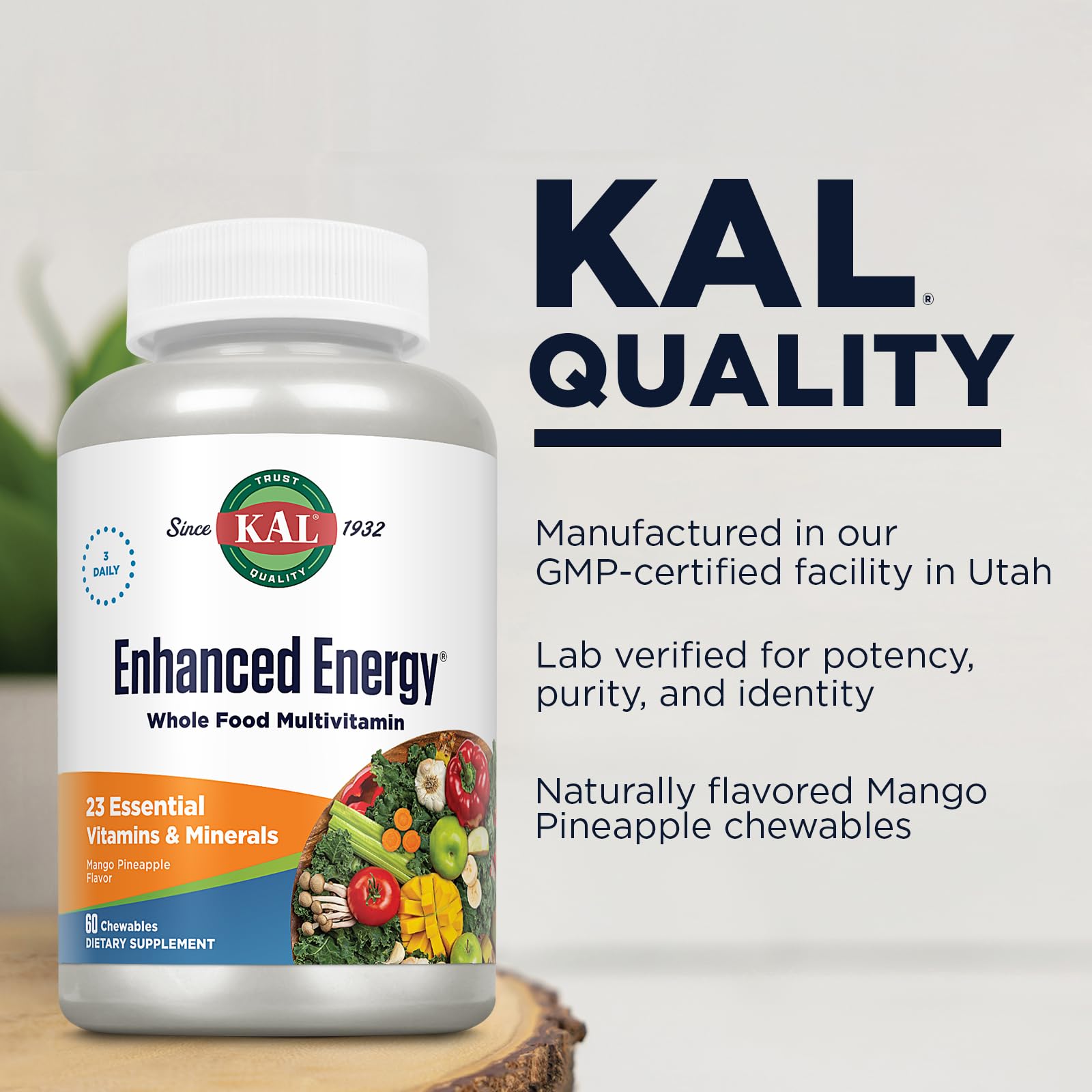 KAL Enhanced Energy Supplements, Whole Food Chewable Multivitamin with Iron, 3 Daily, 23 Essential Vitamins and Minerals, Super Foods, Enzymes, Mango Pineapple Flavor, 60-Day Guarantee, 20 Serv, 60ct KAL buy supplements canada