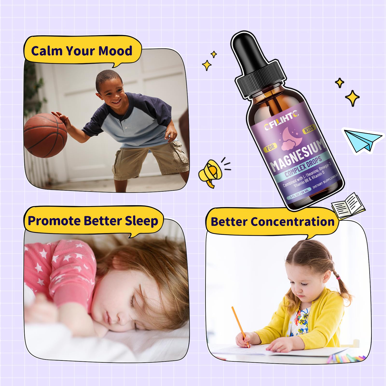 Kids Magnesium Liquid Drops-Magnesium Glycinate Liquid for Kids Supplement-w/L-theanine, Omega-3, Vitamin B6, D3 - for Sleep, Relaxation, Brain, Bones CFILIHTC buy supplements canada