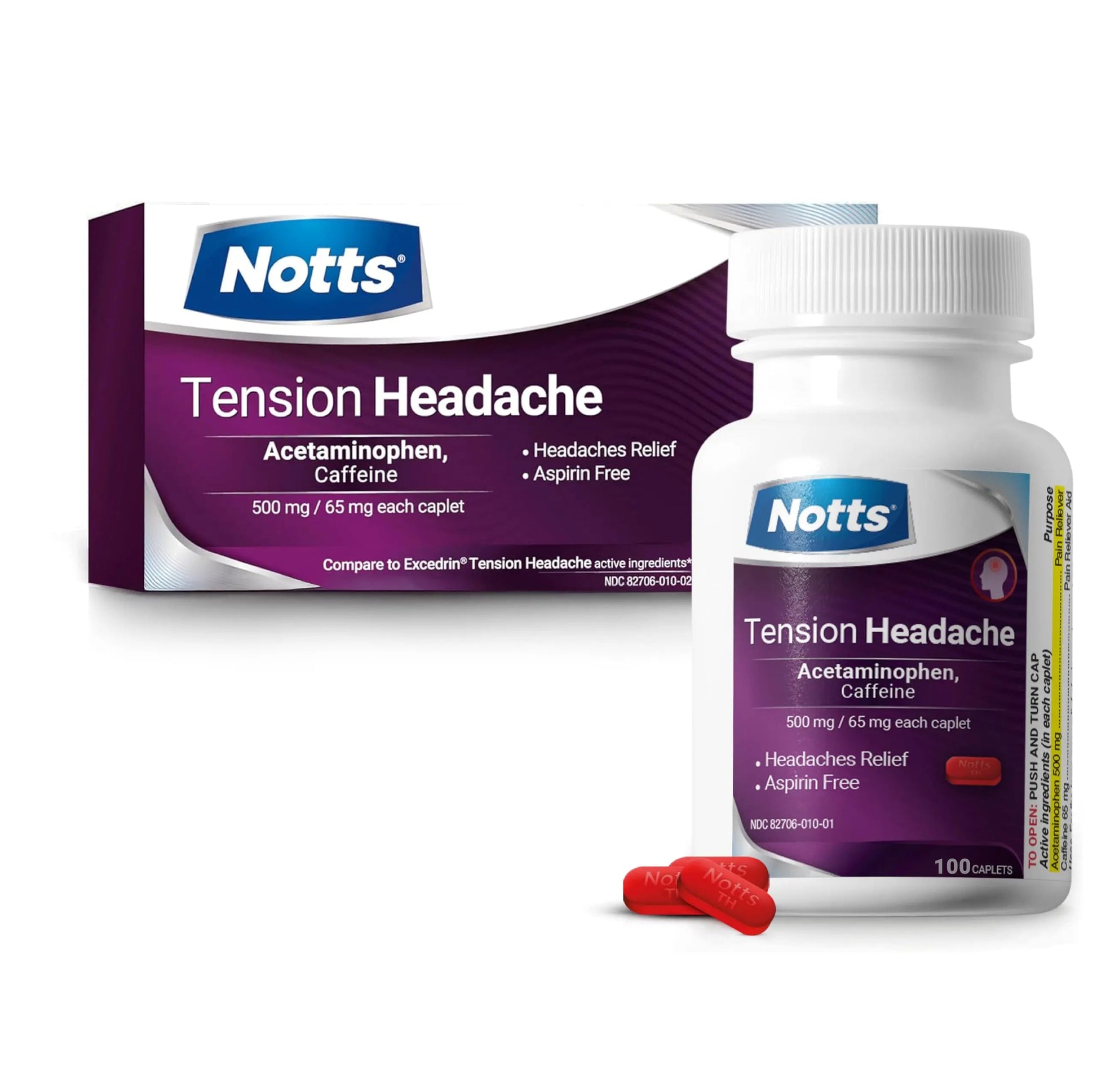 NOTTS Tension Headache Relief Without Aspirin for Head, Neck & Shoulder Pain - 100 Count, Acetaminophen 500 mg Caffeine 65 mg Caplets, for Aches Caused by Tension and Stress. Headache Relief caplets NOTTS buy supplements canada