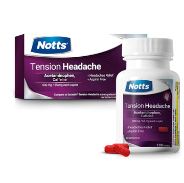 NOTTS Tension Headache Relief Without Aspirin for Head, Neck & Shoulder Pain - 100 Count, Acetaminophen 500 mg Caffeine 65 mg Caplets, for Aches Caused by Tension and Stress. Headache Relief caplets NOTTS buy supplements canada