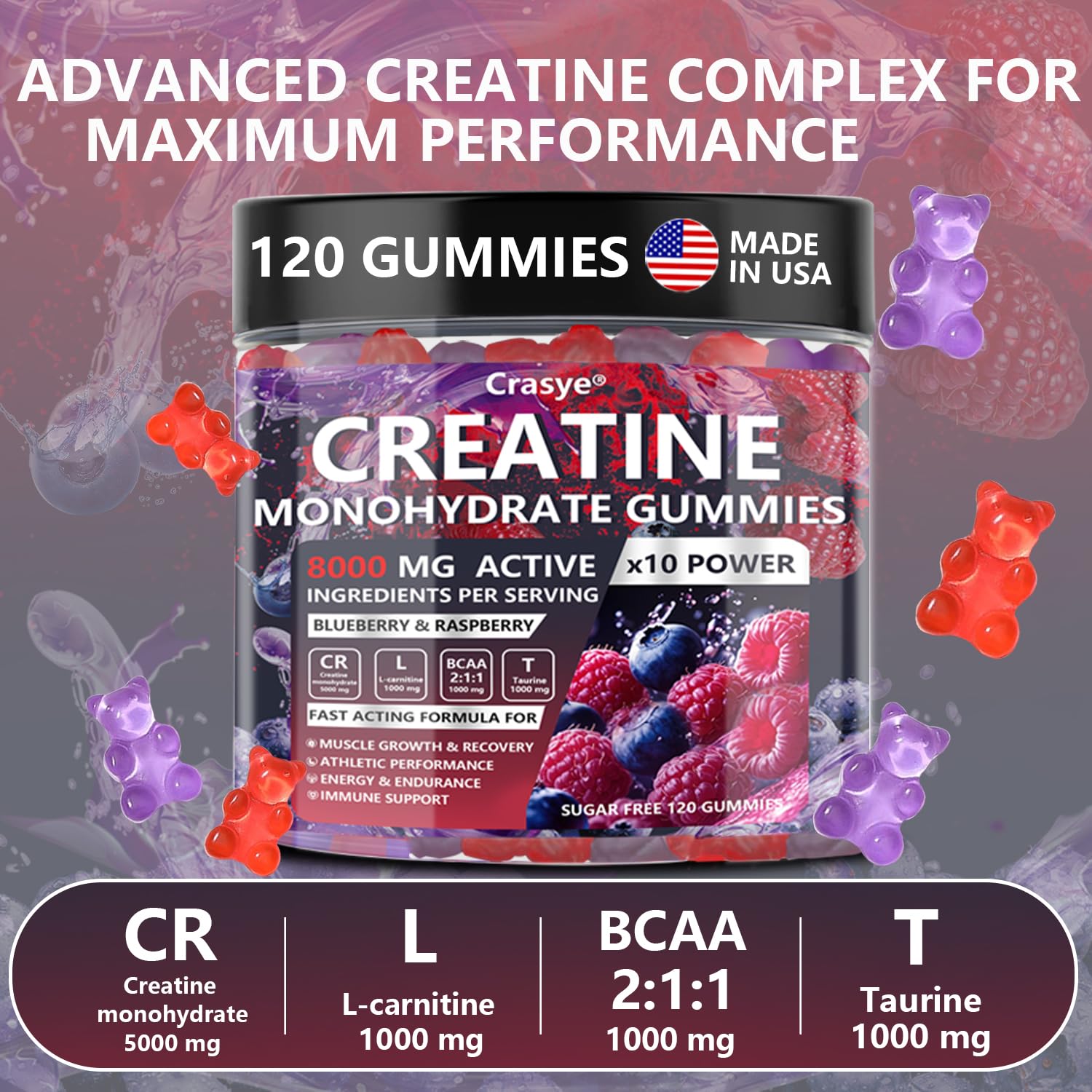 Crasye Creatine Gummies Complex 8000mg for Men and Women Creatine Monohydrate Gummy with BCAA Taurine for Muscle Strength and Energy Boost Sugar Crasye buy supplements canada