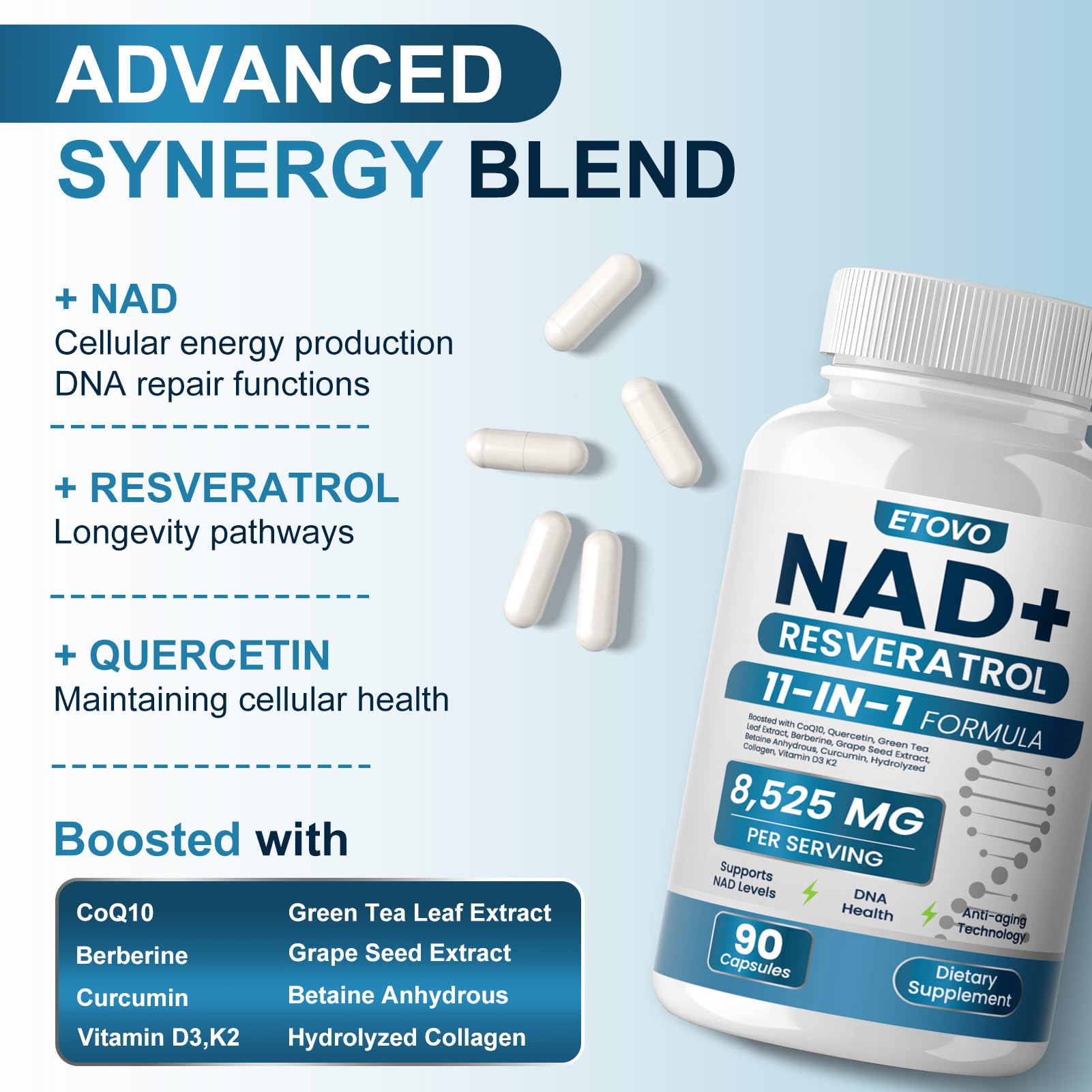 ETOVO NAD+ Supplement, 8525 mg Liposomal NAD Resveratrol Supplement for Women and Men with Coptisine Quercetin Curcumin Supports Cellular Health, Energy & Healthy Anti-Aging 180 Counts ETOVO buy supplements canada