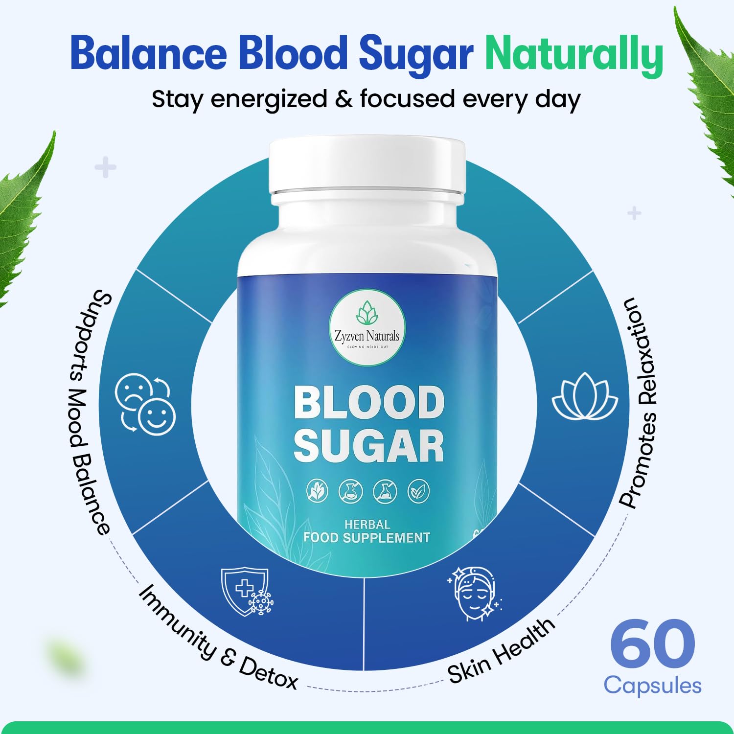Zyzven Naturals Blood Sugar Support Supplement – 60 Vegan Capsules | Herbal Supplement with Moringa, Cinnamon, Ginger, Neem & Fenugreek | Plant-Based Wellness Supplement - Serving: 2 Capsules/Day Zyzven Naturals buy supplements canada
