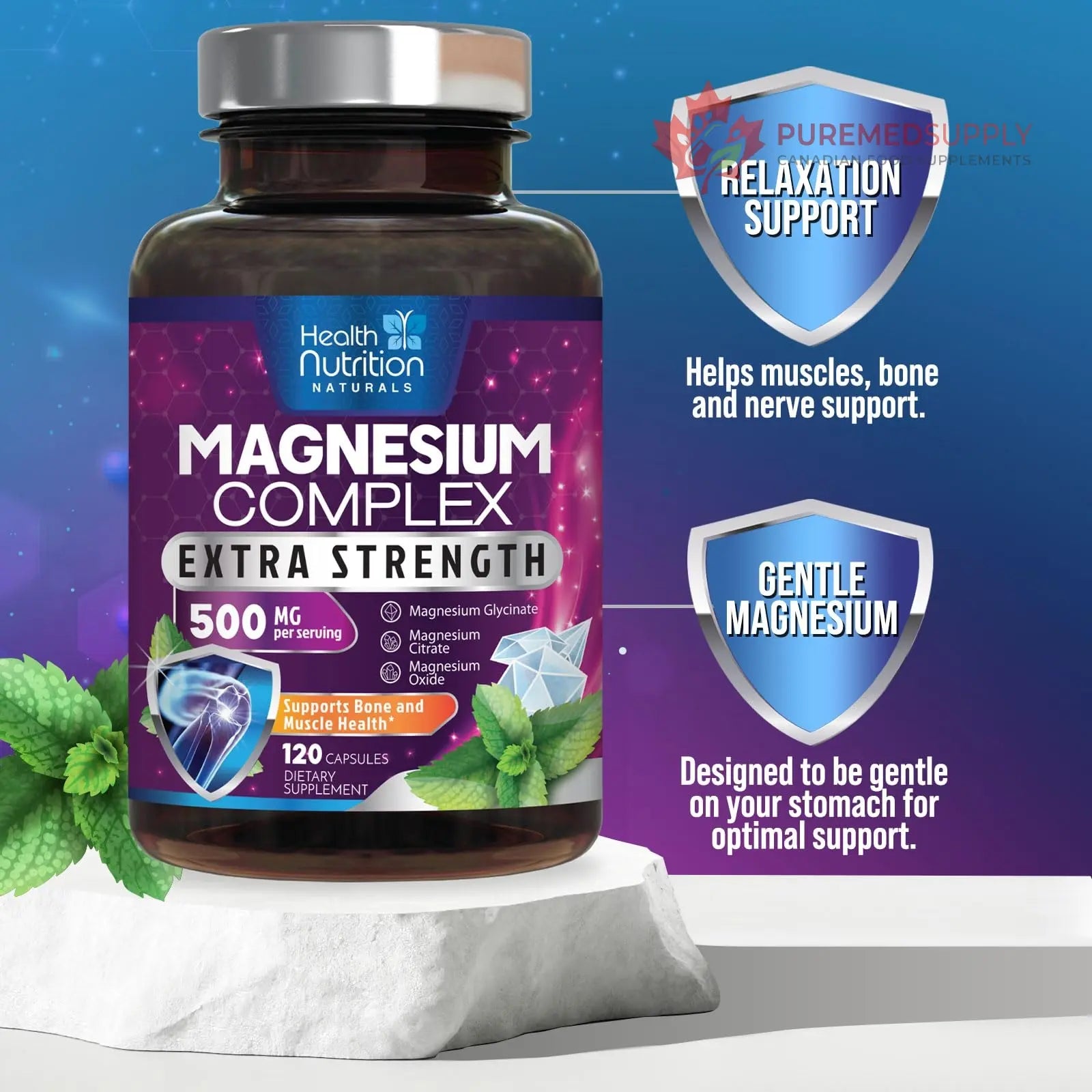 Magnesium Complex Capsules - 500mg per Serving Magnesium - High Absorption Chelated Mineral Supplement - with Oxide, Glycinate, Malate, Citrate for Muscle Bone and Heart Health Support - 120 Capsules Health Nutrition Naturals buy supplements canada