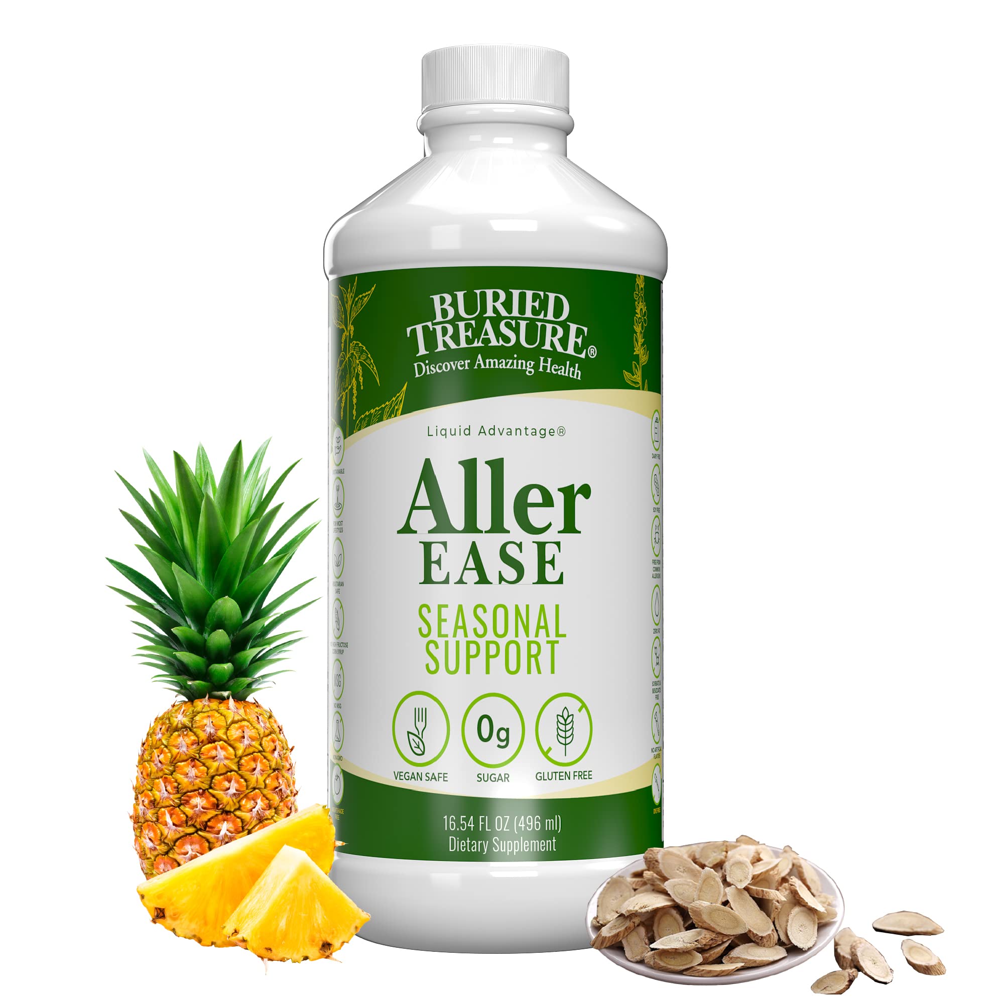 Buried Treasures Aller Ease - 16 fl oz. Liquid Supplement w/ Quercetin, Bromelain, Mullein, Supports Immune, Sinus Comfort, Non-Drowsy Herbal Formula Buried Treasure buy supplements canada