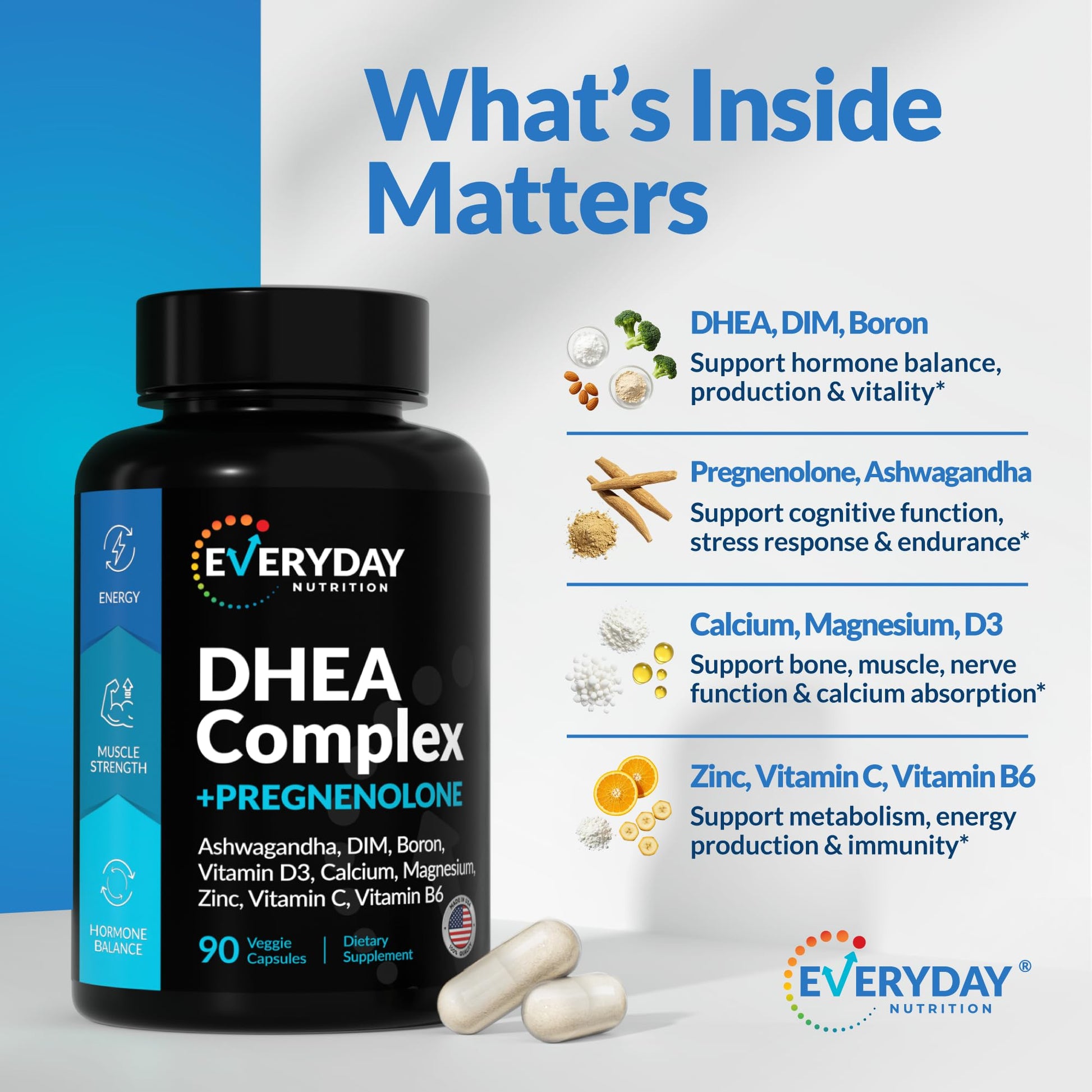 DHEA Micronized 200mg Complex with Pregnenolone 100mg Supplement for Men & Women with Ashwagandha, DIM, Magnesium, Boron, Calcium , Zinc, Vitamin D3, C and B6 Hormone Support - Made in USA 90 Capsules EVERYDAY NUTRITION buy supplements canada