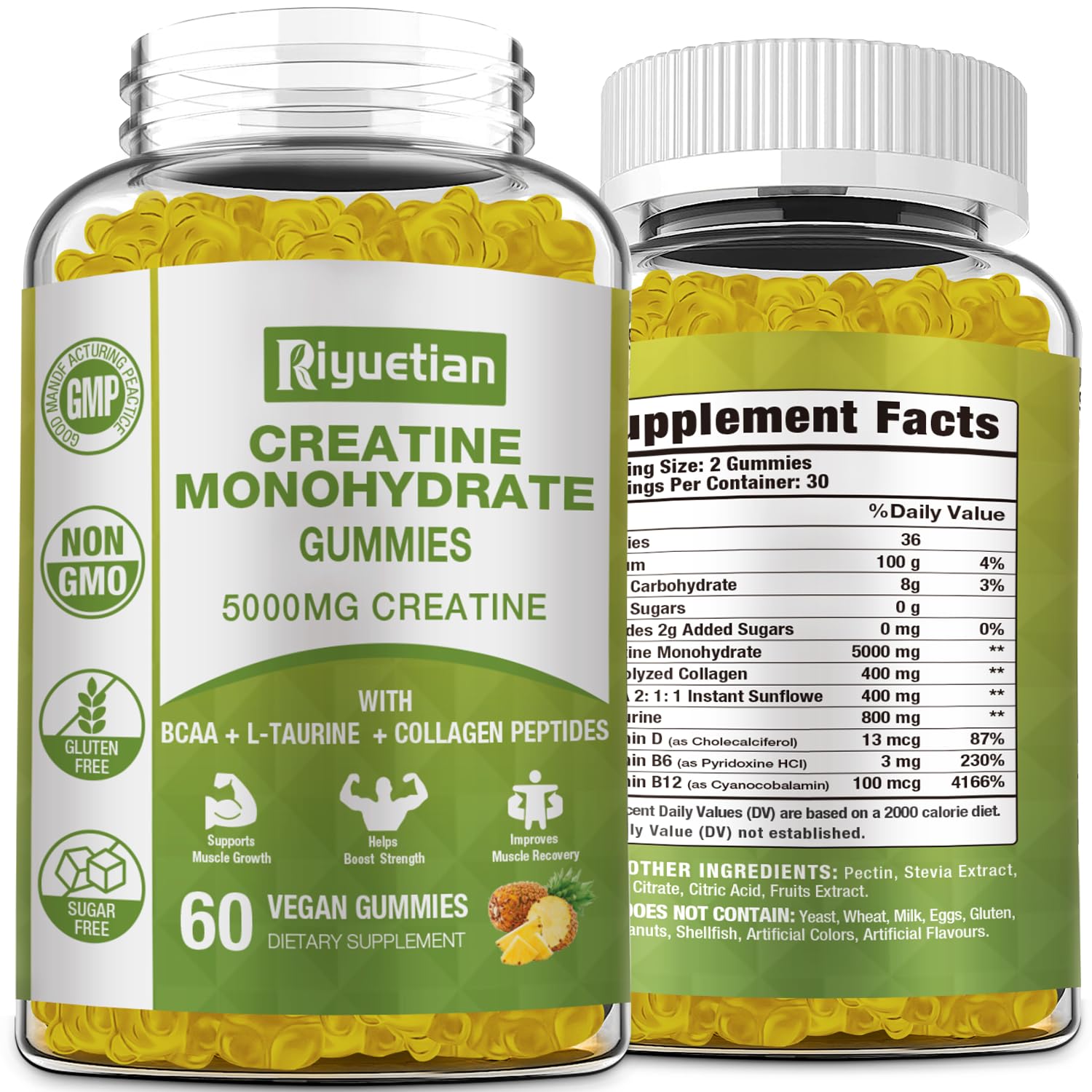 Riyuetian Creatine Monohydrate Gummies, Creatine for Men & Women, Chewable Creatine for Enhancing Focus and Endurance, 5g Creatine per Serving, Sugar-Free, 60 Count Riyuetian buy supplements canada