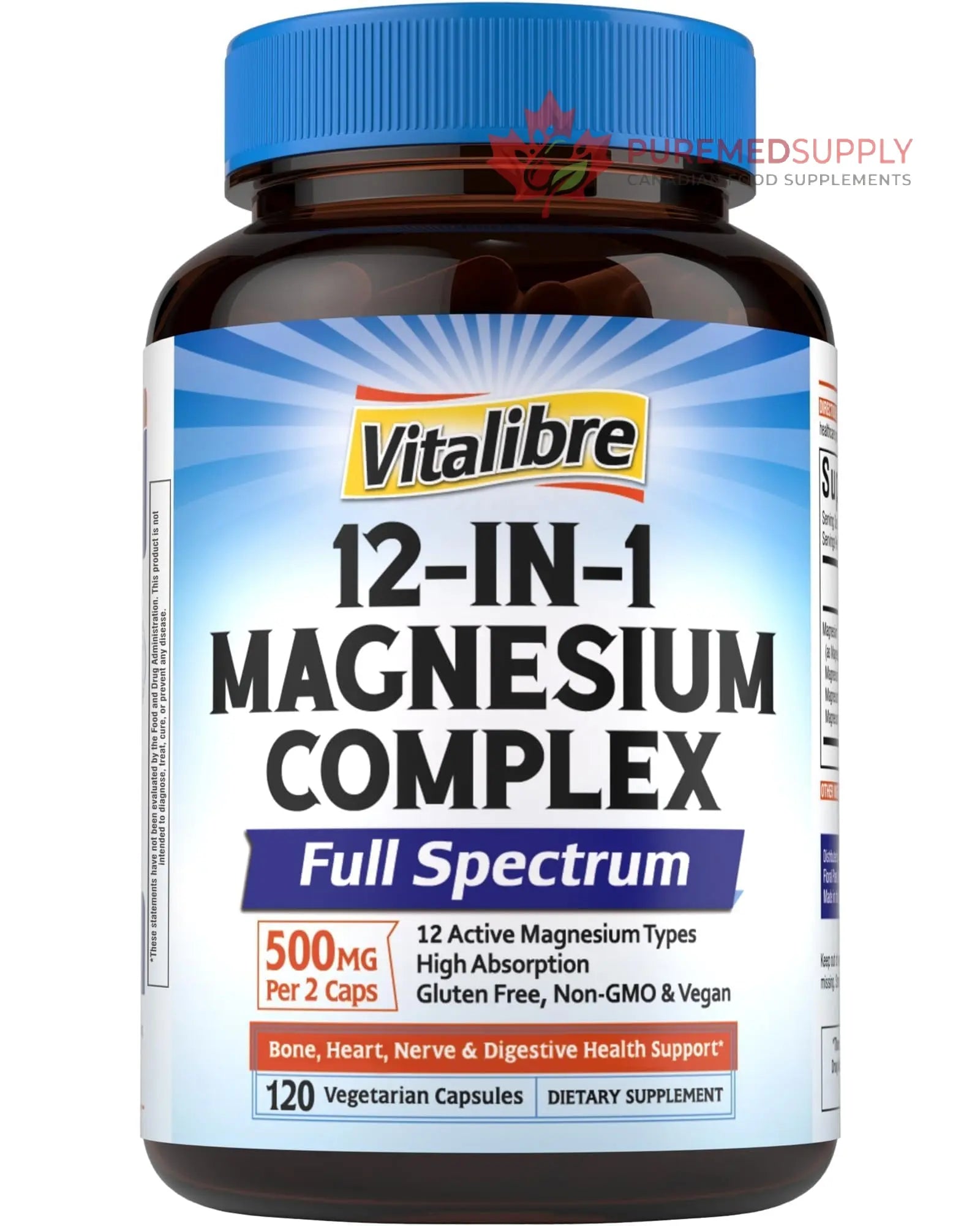 Vitalibre 12 in 1 Magnesium Complex Supplement 500mg | Max Absorption Chelated Magnesium Glycinate Citrate Malate & More for Bone, Nerve & Digestive Support | Non-GMO Vegan Capsules (120 Count) Vitalibre buy supplements canada