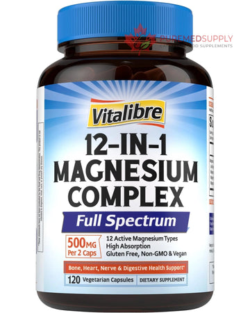 Vitalibre 12 in 1 Magnesium Complex Supplement 500mg | Max Absorption Chelated Magnesium Glycinate Citrate Malate & More for Bone, Nerve & Digestive Support | Non-GMO Vegan Capsules (120 Count) Vitalibre buy supplements canada