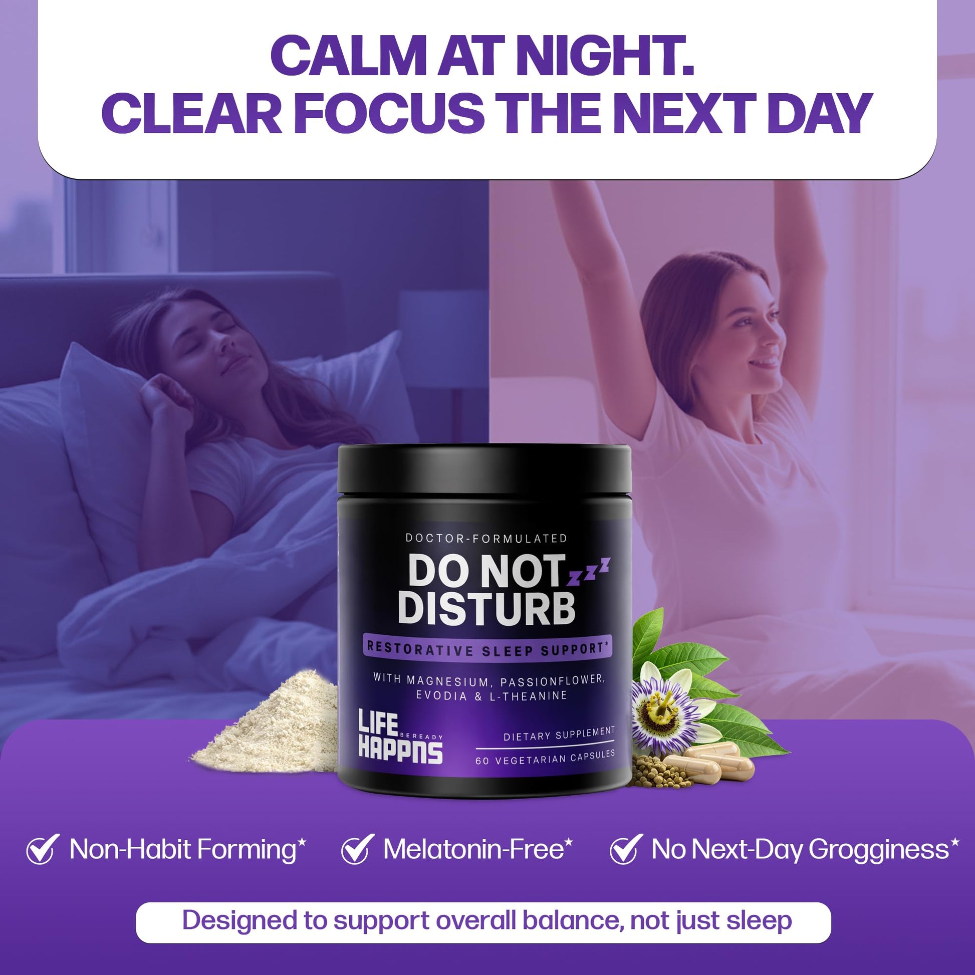 Doctor Formulated Triple Magnesium for Sleep, Calm & Relaxation with Chelated Magnesium Glycinate, L-Theanine, Passionflower & Evodia – Non-Habit, No Melatonin Magnesium Sleep Aid Support Supplement LIFE HAPPNS BE READY buy supplements canada