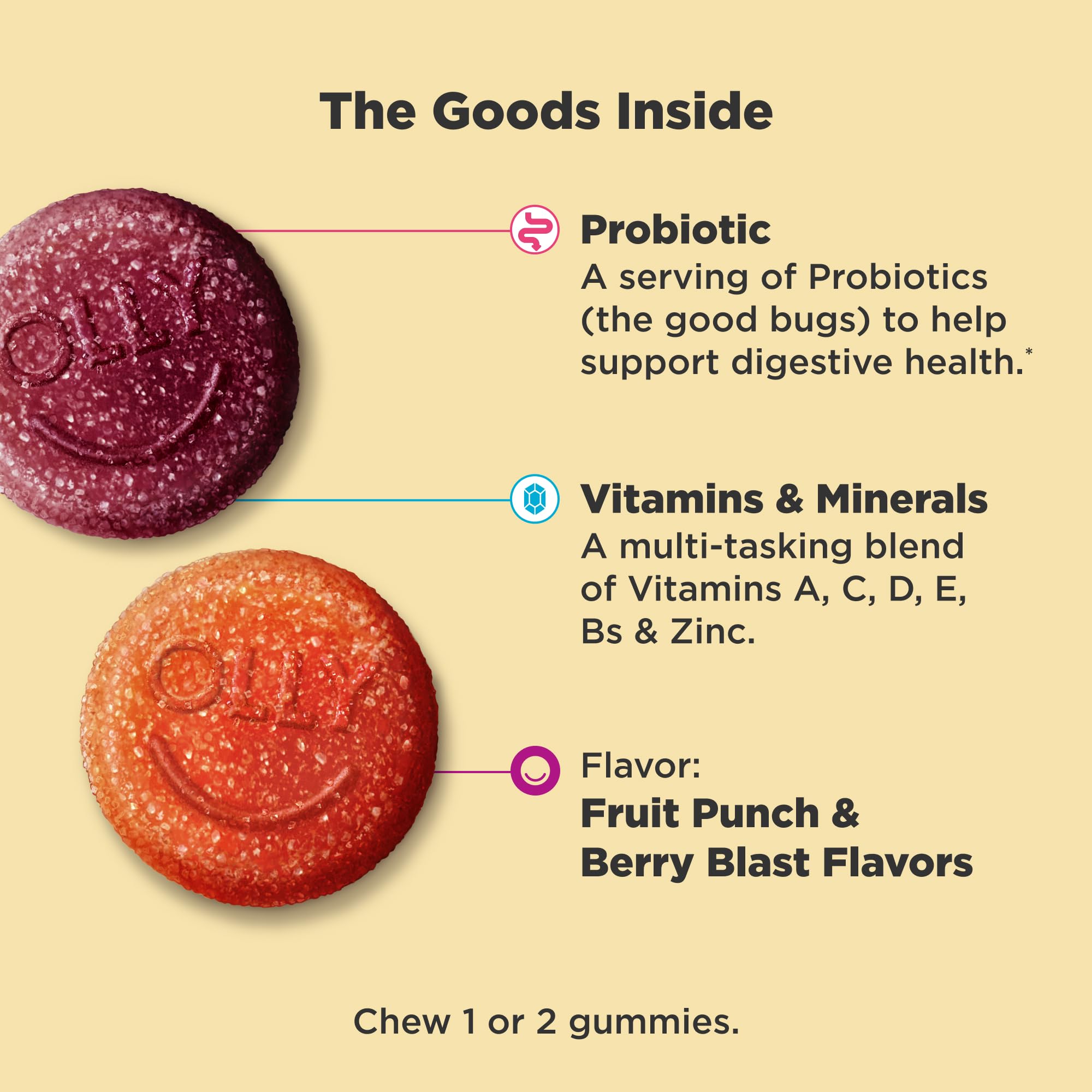OLLY Kids Multivitamin & Probiotic Gummy, Digestive Support, Vitamins A, D, C, E, B, Zinc, Chewable Supplement, Berry Flavor, 50 day supply - 100 Count OLLY buy supplements canada