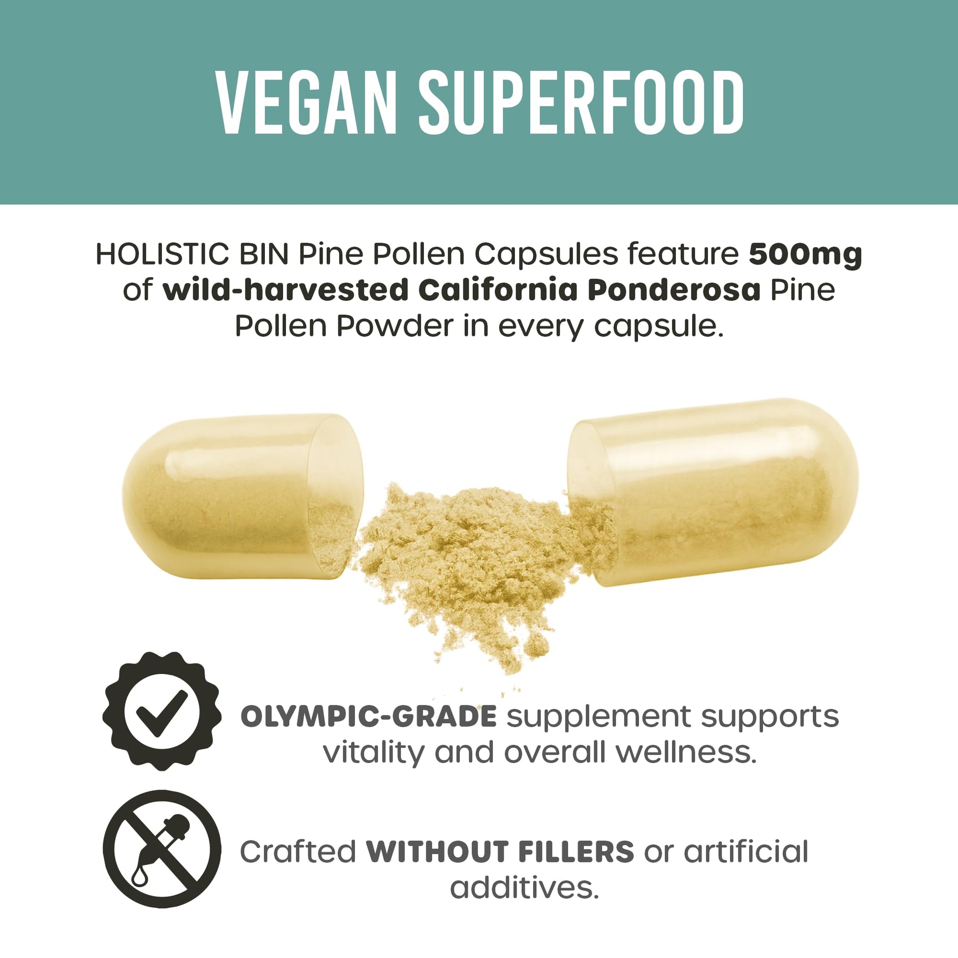 Holistic Bin Pine Pollen Capsules 500mg (Pinus Ponderosa) - Wild Harvested California Ponderosa Pine Pollen Powder - Olympic Grade - Organic, Non-GMO, No Fillers - 30 Day Supply (40 Capsules) Holistic Bin buy supplements canada