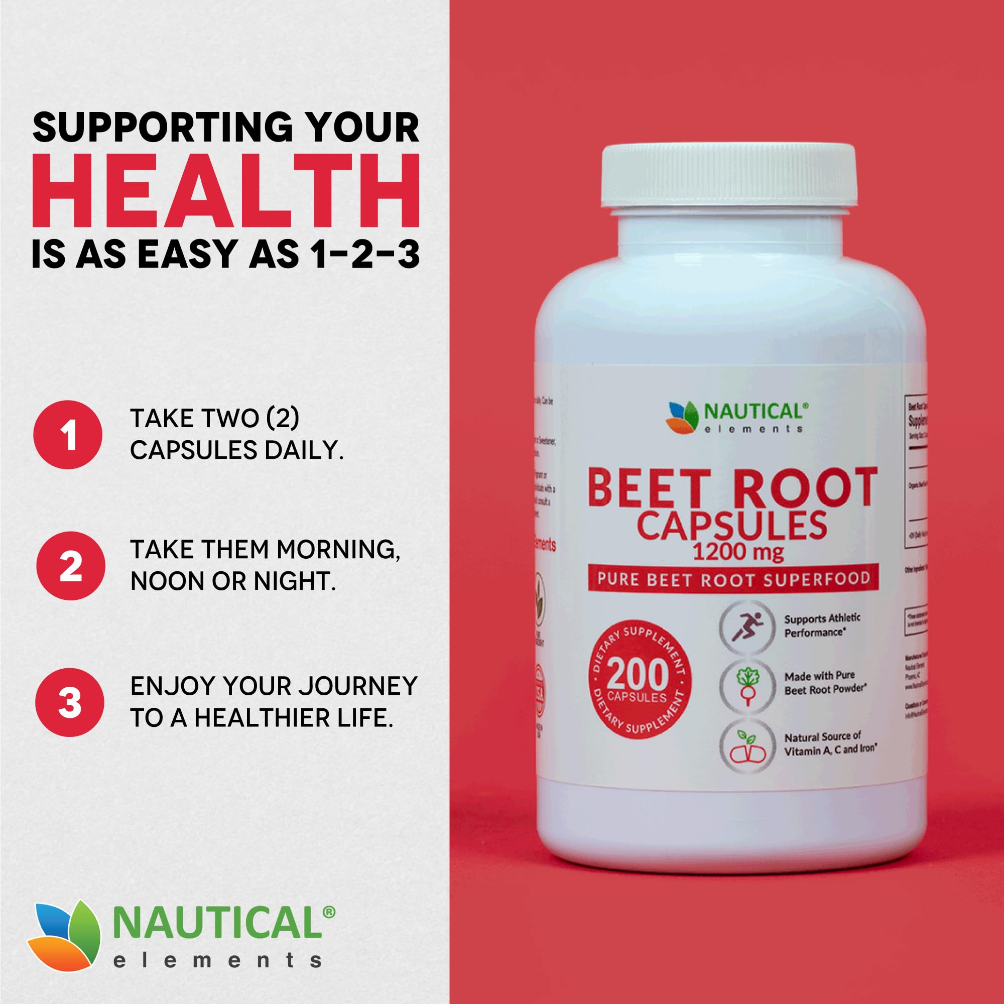 Beet Root Capsules - 1200mg Per Serving - 200 Beet Root Powder Capsules - Beetroot Powder Supports Blood Pressure, Athletic Performance, Digestive Nautical Elements buy supplements canada