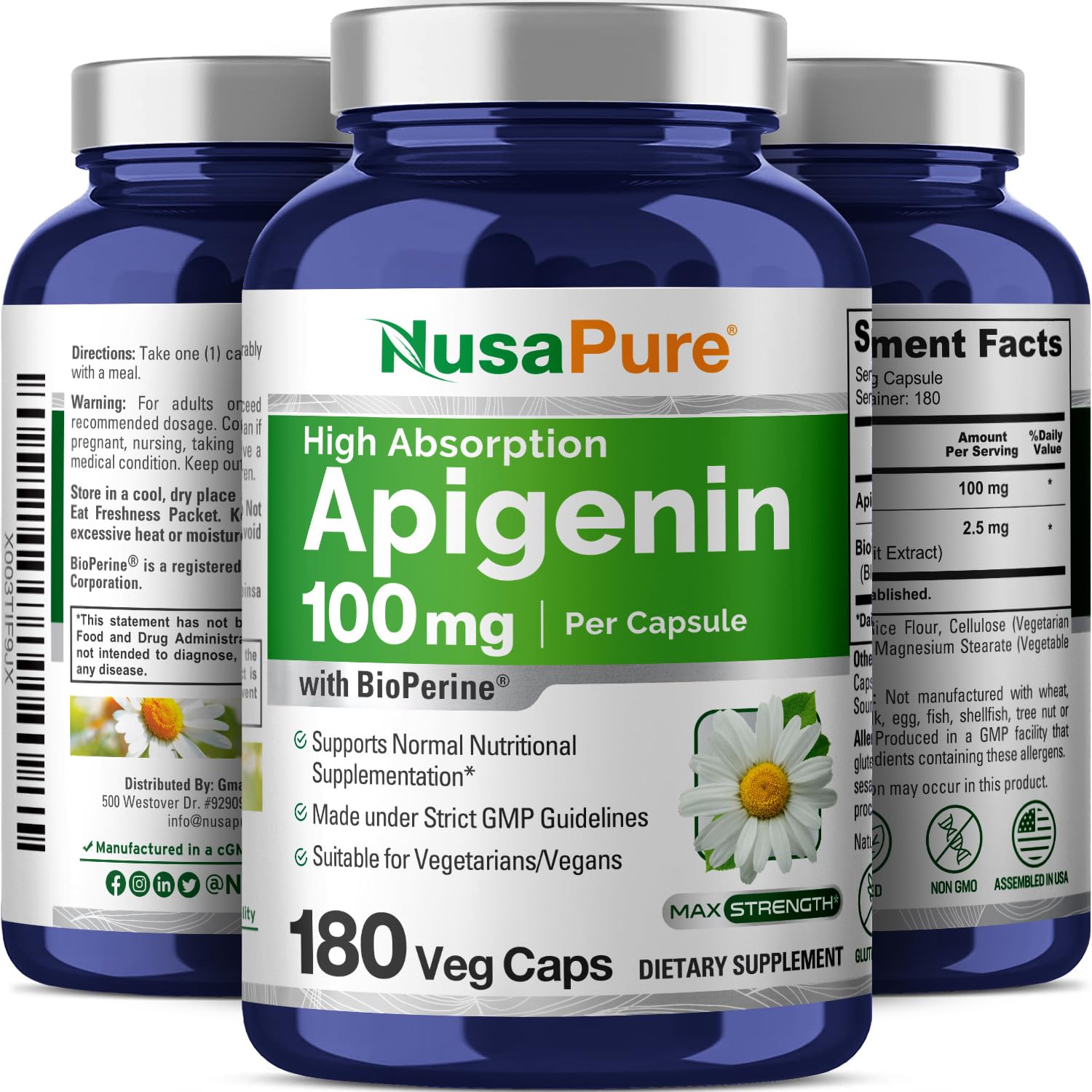 NusaPure Apigenin 100 mg per Capsule 180 Vcaps - Bioperine (Non-GMO, Gluten Free) NusaPure buy supplements canada