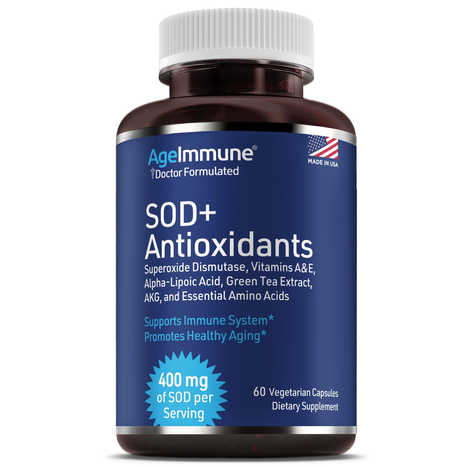 SOD Antioxidants Complex Healthy Aging Supplement - 400mg of Superoxide Dismutase - Alpha Lipoic Acid - L-Arginine -Lysine - AKG - Vitamin A - Vitamin E for Immune Support-60 Capsules AgeImmune buy supplements canada