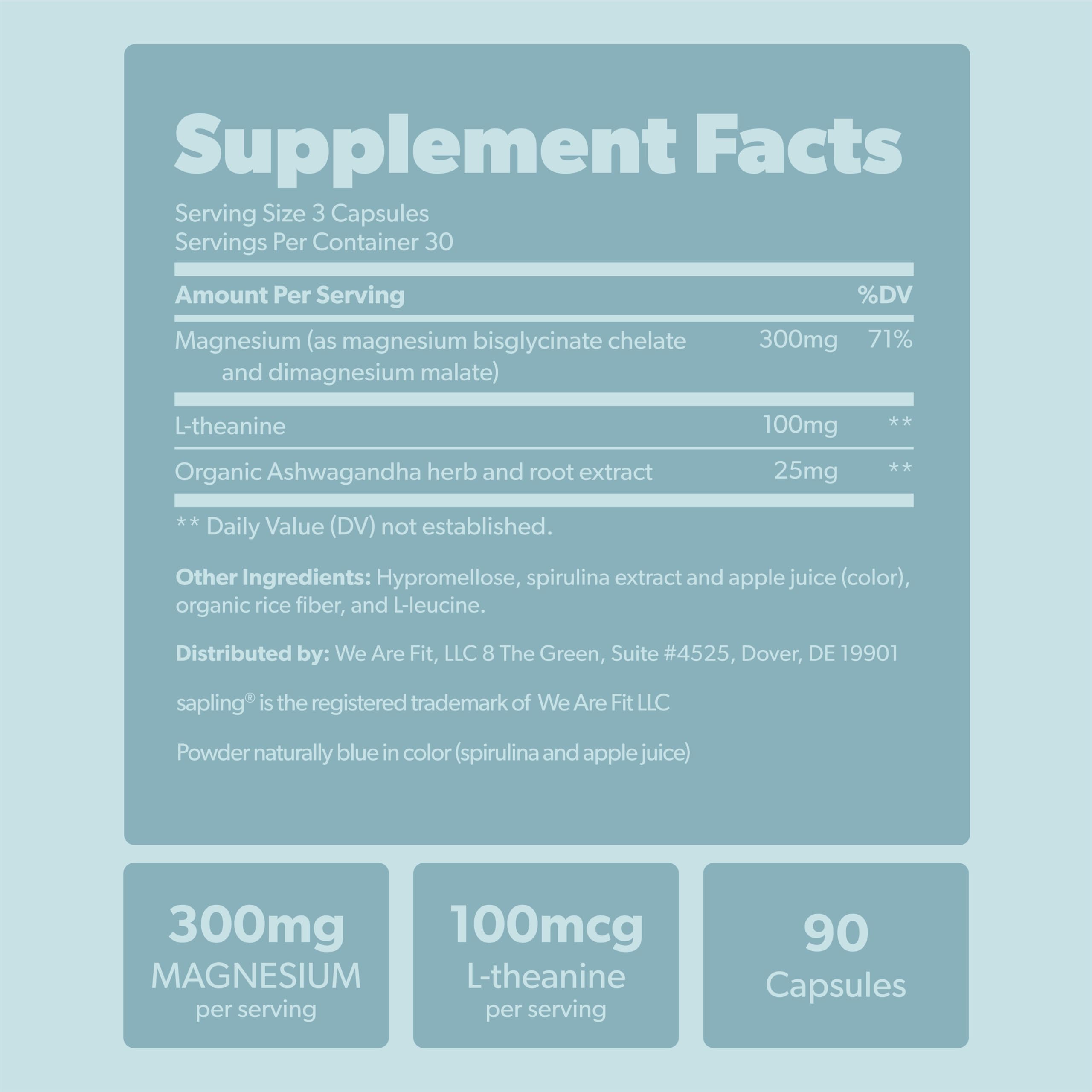 Magnesium Glycinate Complex Supplement - Chelated Magnesium Glycinate with Malate, Organic Ashwagandha, L-theanine & Blue Spirulina - High Absorption, Vegan, Non-GMO, 300mg, 90 Veggie Caps sapling buy supplements canada