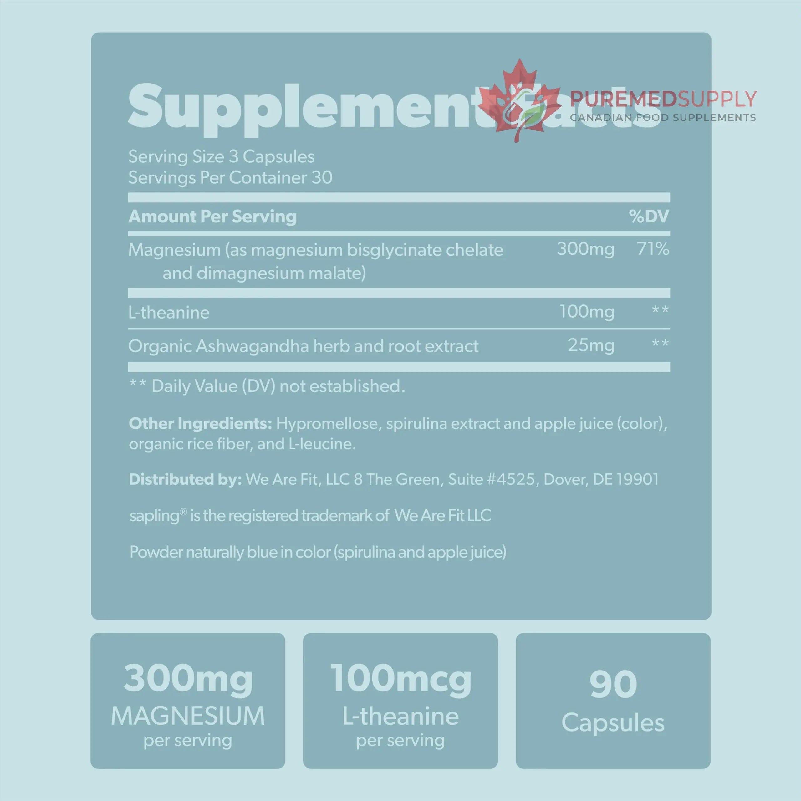 Magnesium Glycinate Complex Supplement - Chelated Magnesium Glycinate with Malate, Organic Ashwagandha, L-theanine & Blue Spirulina - High Absorption, Vegan, Non-GMO, 300mg, 90 Veggie Caps sapling buy supplements canada